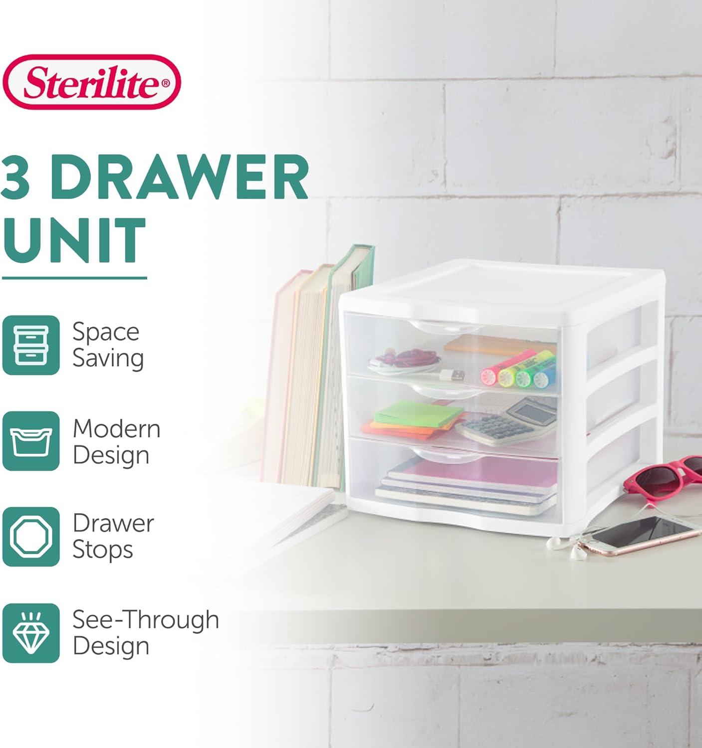 imageSTERILITE 3 Drawer Desktop Storage Unit Tabletop Organizer for Desk Countertop at Home Office Bathroom White with Clear Drawers Pack of 48 pack