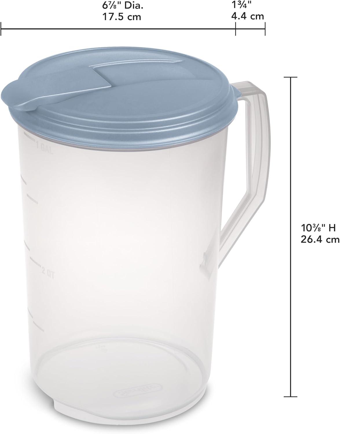 imageSterilite 1 Gallon Round Pitcher Spout and Handle for Easy Pouring of Water or Juice Plastic Dishwasher Safe Plastic Clear wBlue Lid 6Pack