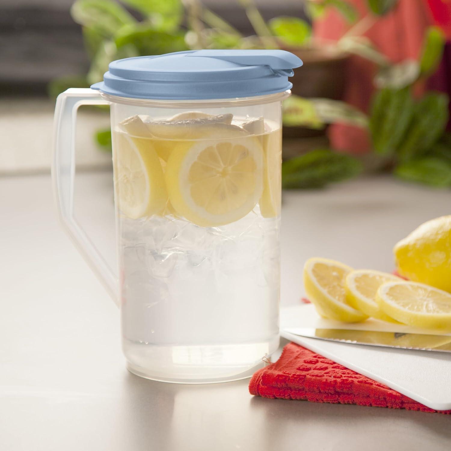 imageSterilite 1 Gallon Round Pitcher Spout and Handle for Easy Pouring of Water or Juice Plastic Dishwasher Safe Plastic Clear wBlue Lid 6Pack