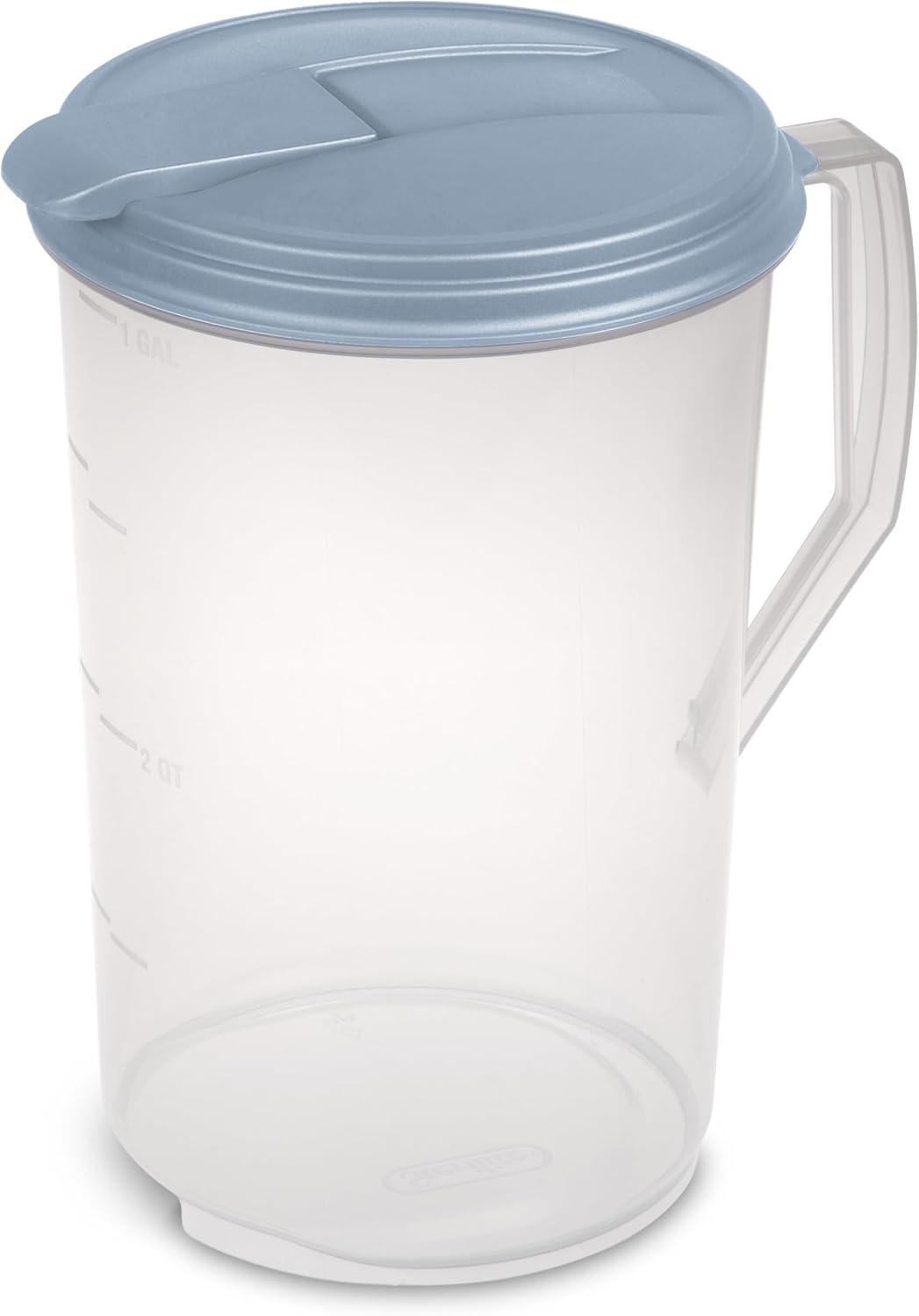 imageSterilite 1 Gallon Round Pitcher Spout and Handle for Easy Pouring of Water or Juice Plastic Dishwasher Safe Plastic Clear wBlue Lid 6Pack