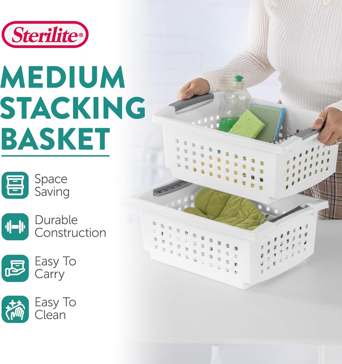 imageSterilite 10Pack Medium Stacking Basket Open Top Plastic Storage Organizer White Stackable Crate Containers for Countertop Cabinet Pantry Shelf Laundry Room Bathroom amp Home OfficeMedium
