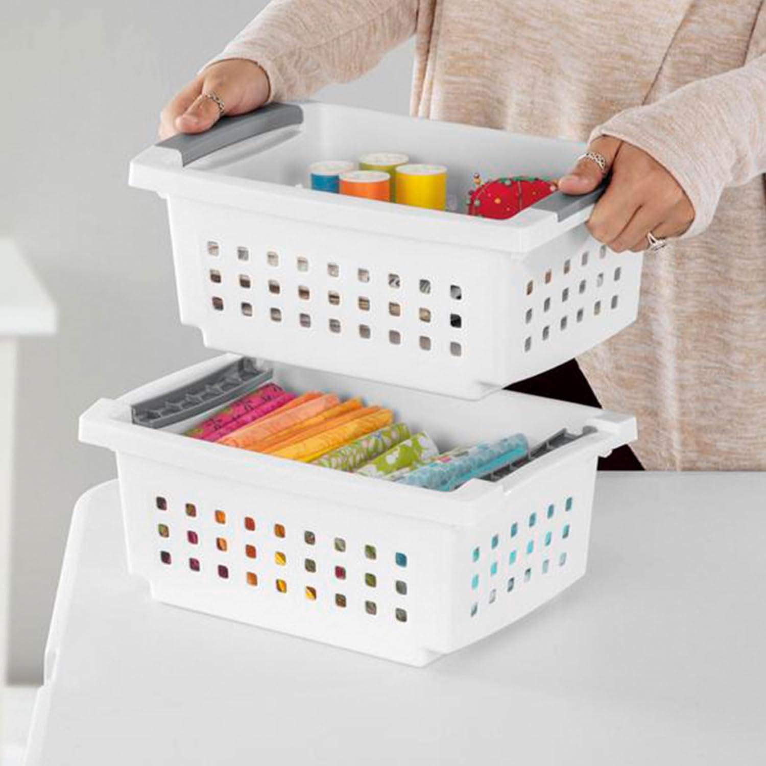 imageSterilite 10Pack Medium Stacking Basket Open Top Plastic Storage Organizer White Stackable Crate Containers for Countertop Cabinet Pantry Shelf Laundry Room Bathroom amp Home OfficeSmall