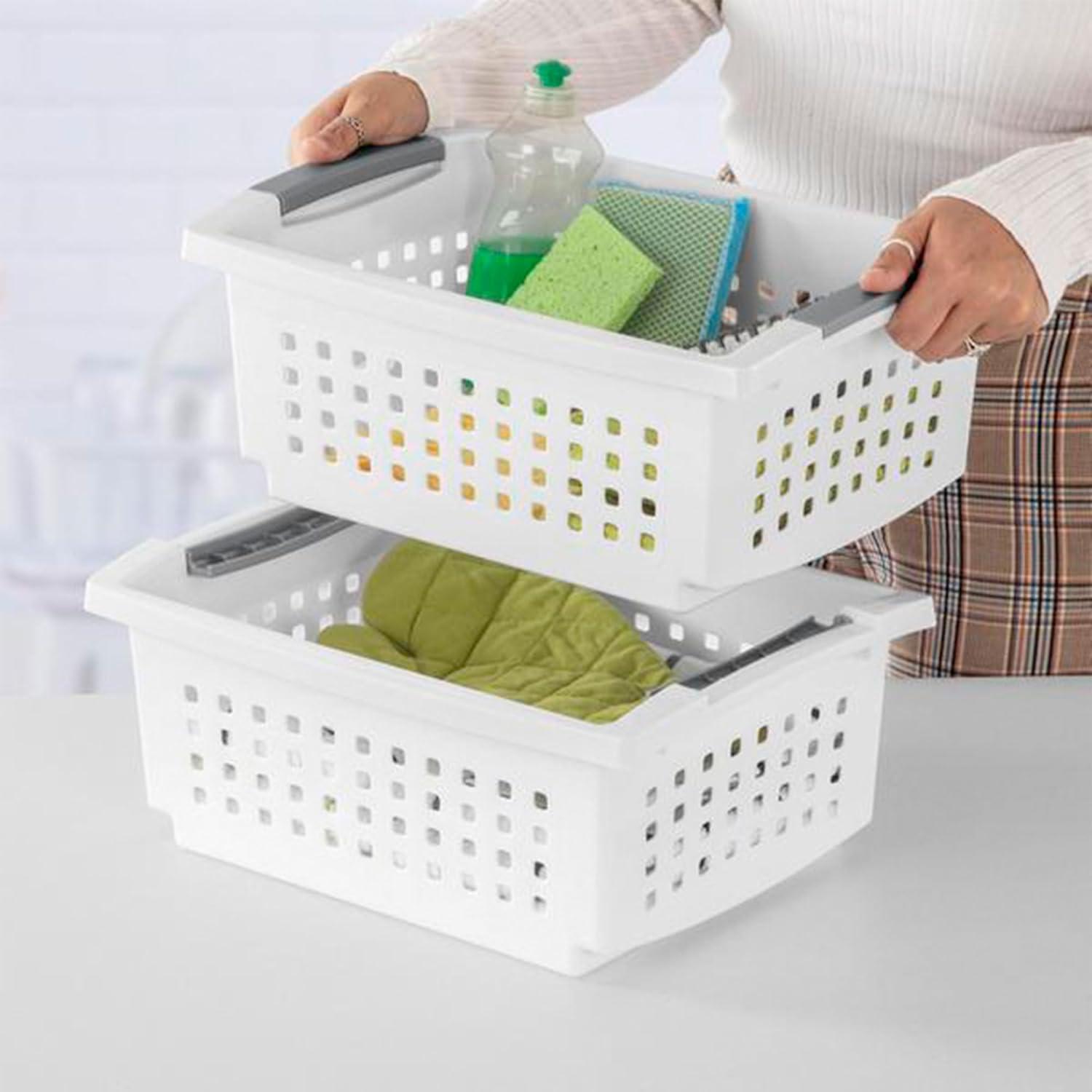 imageSterilite 10Pack Medium Stacking Basket Open Top Plastic Storage Organizer White Stackable Crate Containers for Countertop Cabinet Pantry Shelf Laundry Room Bathroom amp Home OfficeMedium