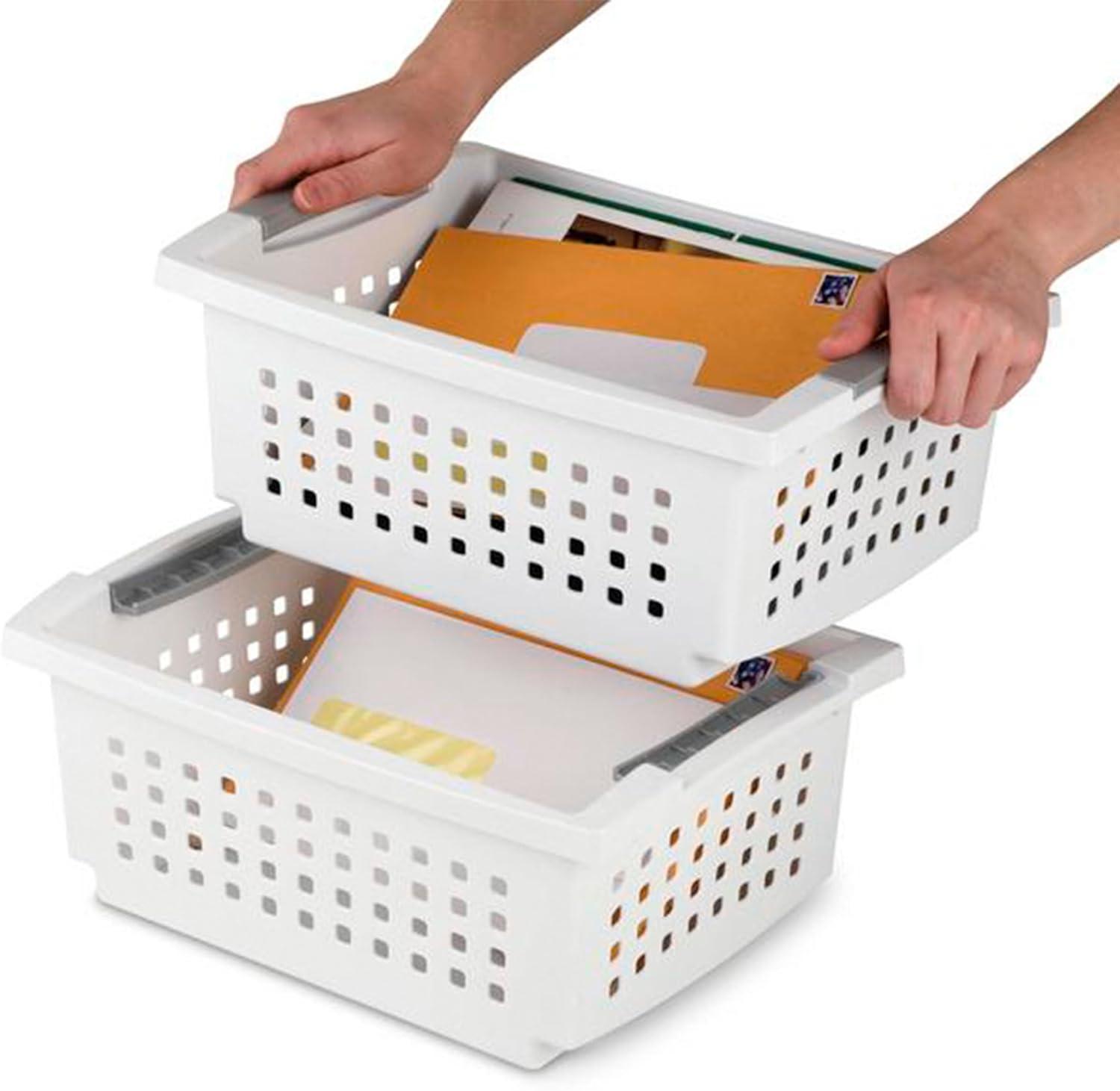 imageSterilite 10Pack Medium Stacking Basket Open Top Plastic Storage Organizer White Stackable Crate Containers for Countertop Cabinet Pantry Shelf Laundry Room Bathroom amp Home OfficeMedium
