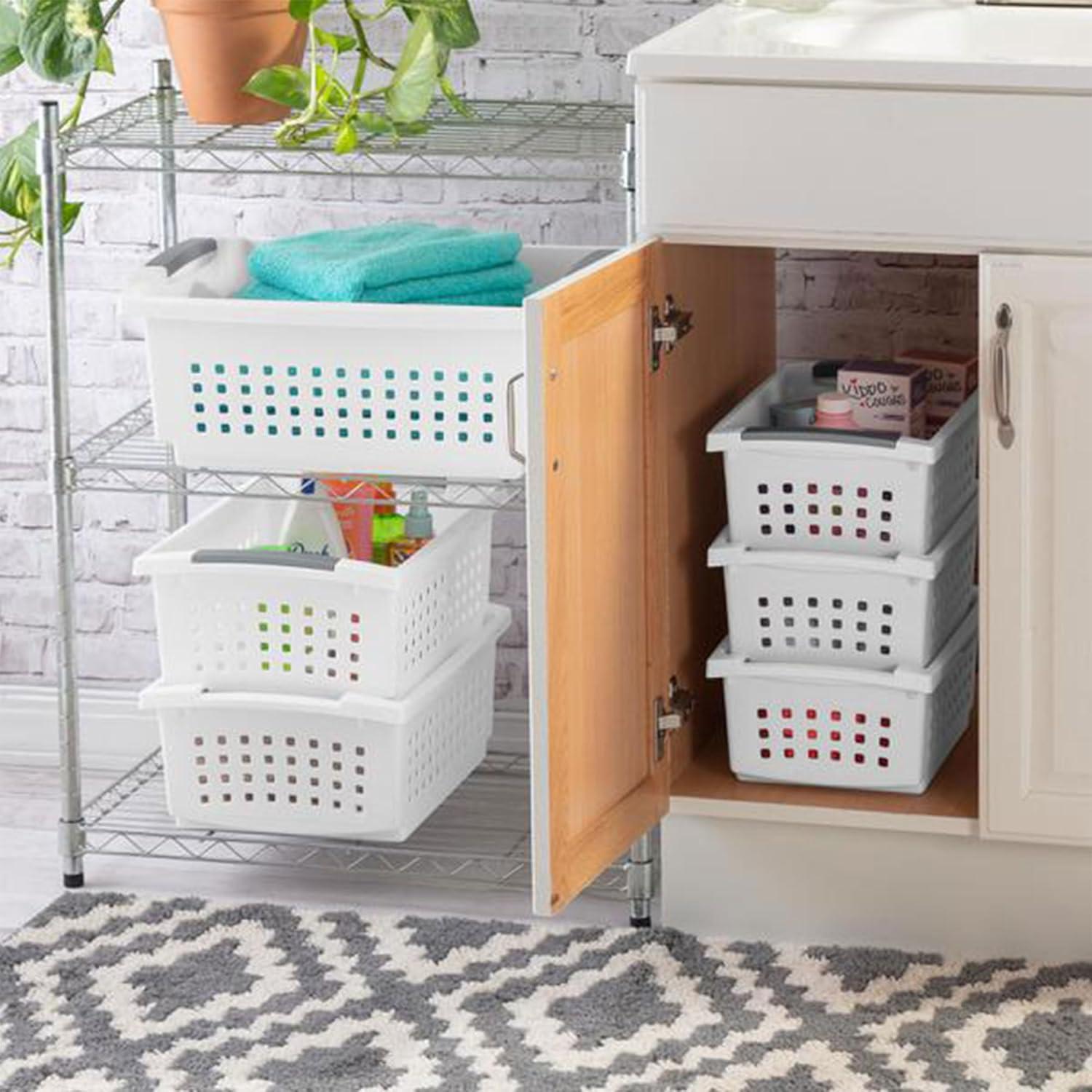 imageSterilite 10Pack Medium Stacking Basket Open Top Plastic Storage Organizer White Stackable Crate Containers for Countertop Cabinet Pantry Shelf Laundry Room Bathroom amp Home OfficeMedium