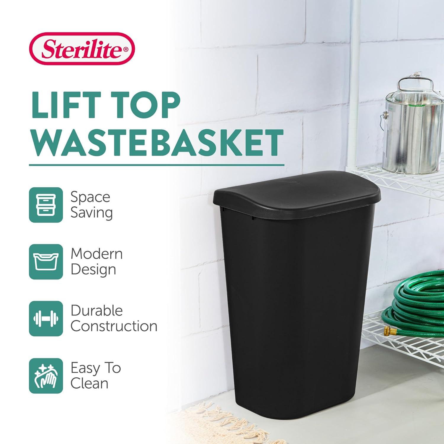 imageSterilite 113 Gallon D Shape Flat Side Lift Top Lid Wastebasket Trash Can for Kitchen Home Office and Garage or Workspace White 6 PackBlack