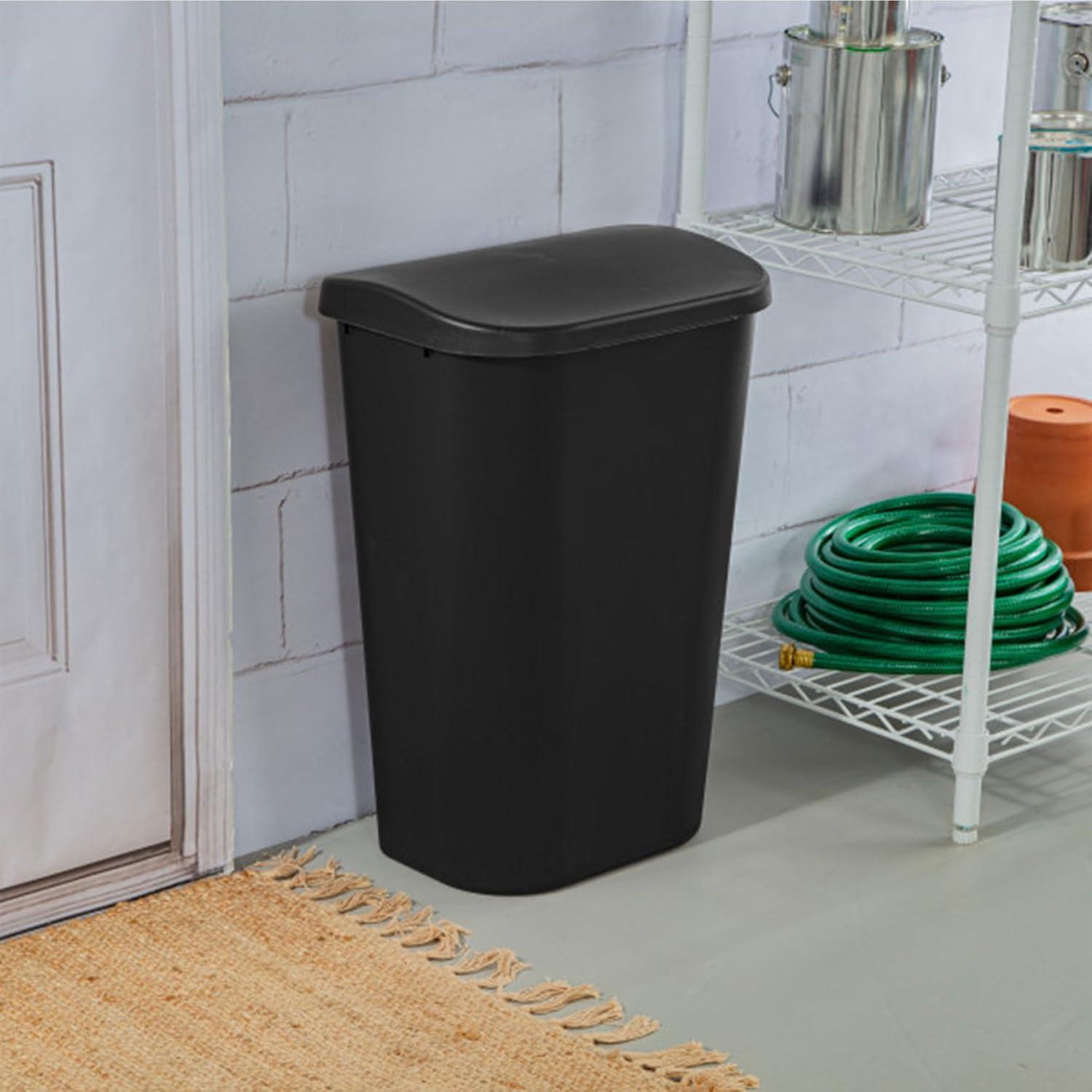 imageSterilite 113 Gallon D Shape Flat Side Lift Top Lid Wastebasket Trash Can for Kitchen Home Office and Garage or Workspace White 6 PackBlack