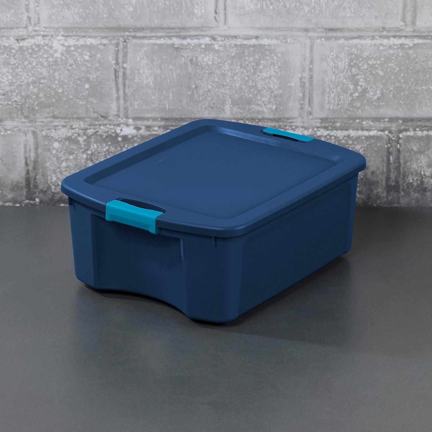 imageSterilite 12 Gal Latch and Carry Stackable Storage Bin with Latching Lid Plastic Tote Container to Organize Closets Blue with Blue Lid 6Pack