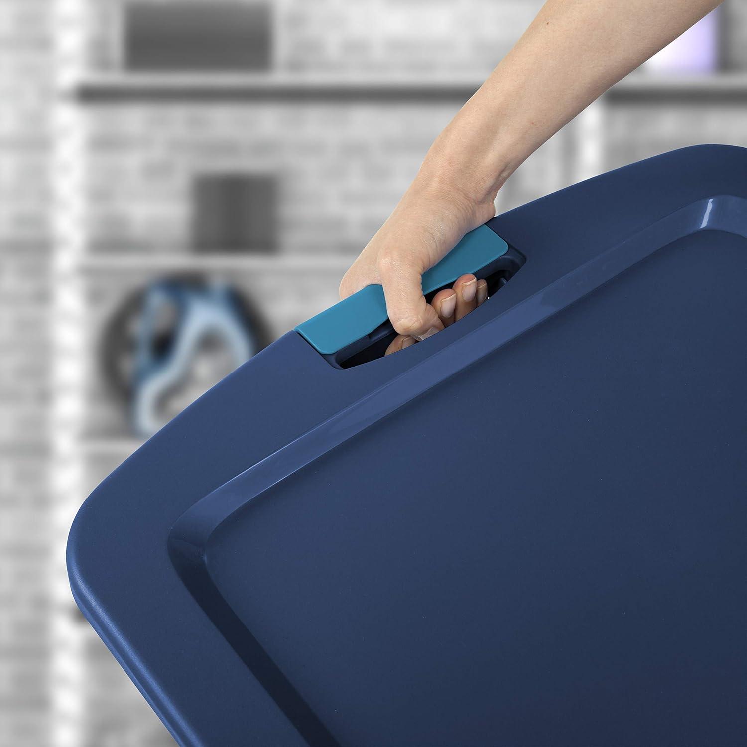 imageSterilite 12 Gal Latch and Carry Stackable Storage Bin with Latching Lid Plastic Tote Container to Organize Closets Blue with Blue Lid 6Pack