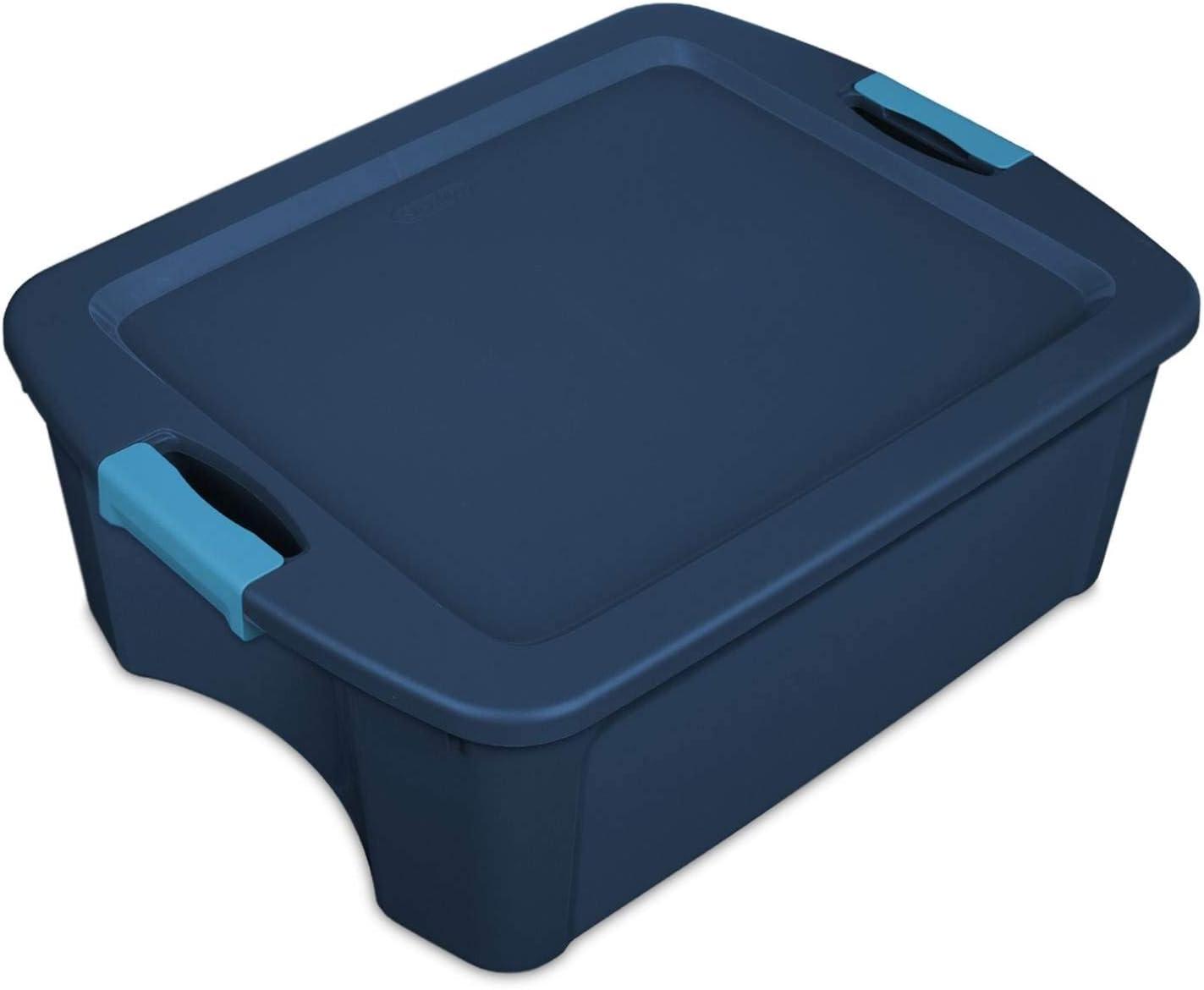 imageSterilite 12 Gal Latch and Carry Stackable Storage Bin with Latching Lid Plastic Tote Container to Organize Closets Blue with Blue Lid 6Pack
