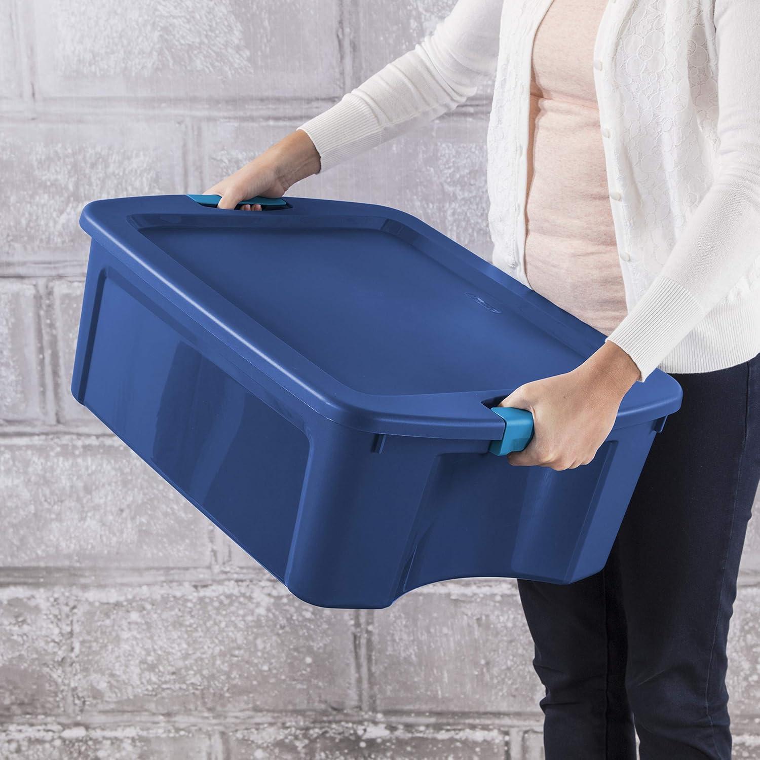 imageSterilite 12 Gal Latch and Carry Stackable Storage Bin with Latching Lid Plastic Tote Container to Organize Closets Blue with Blue Lid 6Pack
