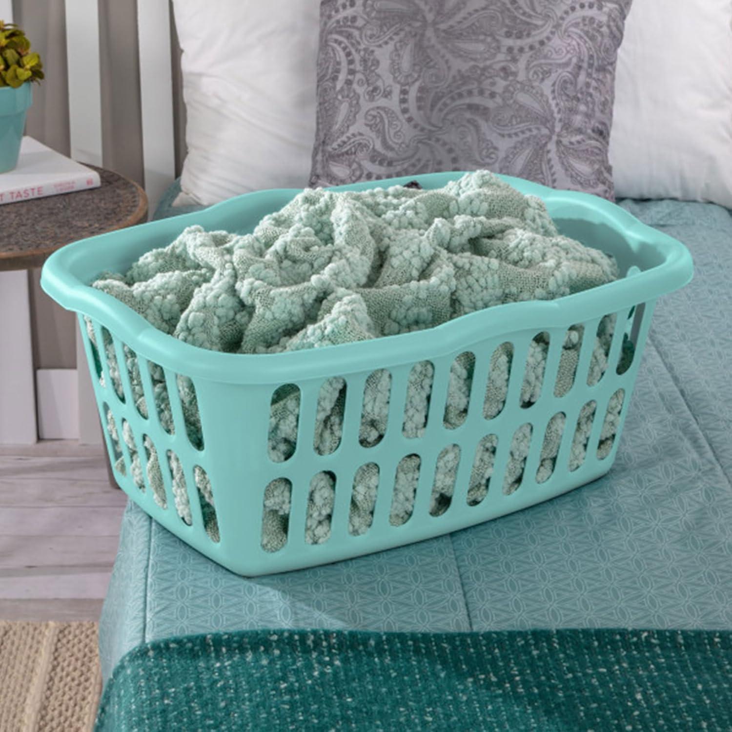 imageSterilite 12Pack Rectangular Laundry Basket Plastic Clothes Hamper 15 Bushel White Dirty Clothing Storage Organizer with Handles for Bedroom Bathroom and ClosetWhite Aqua