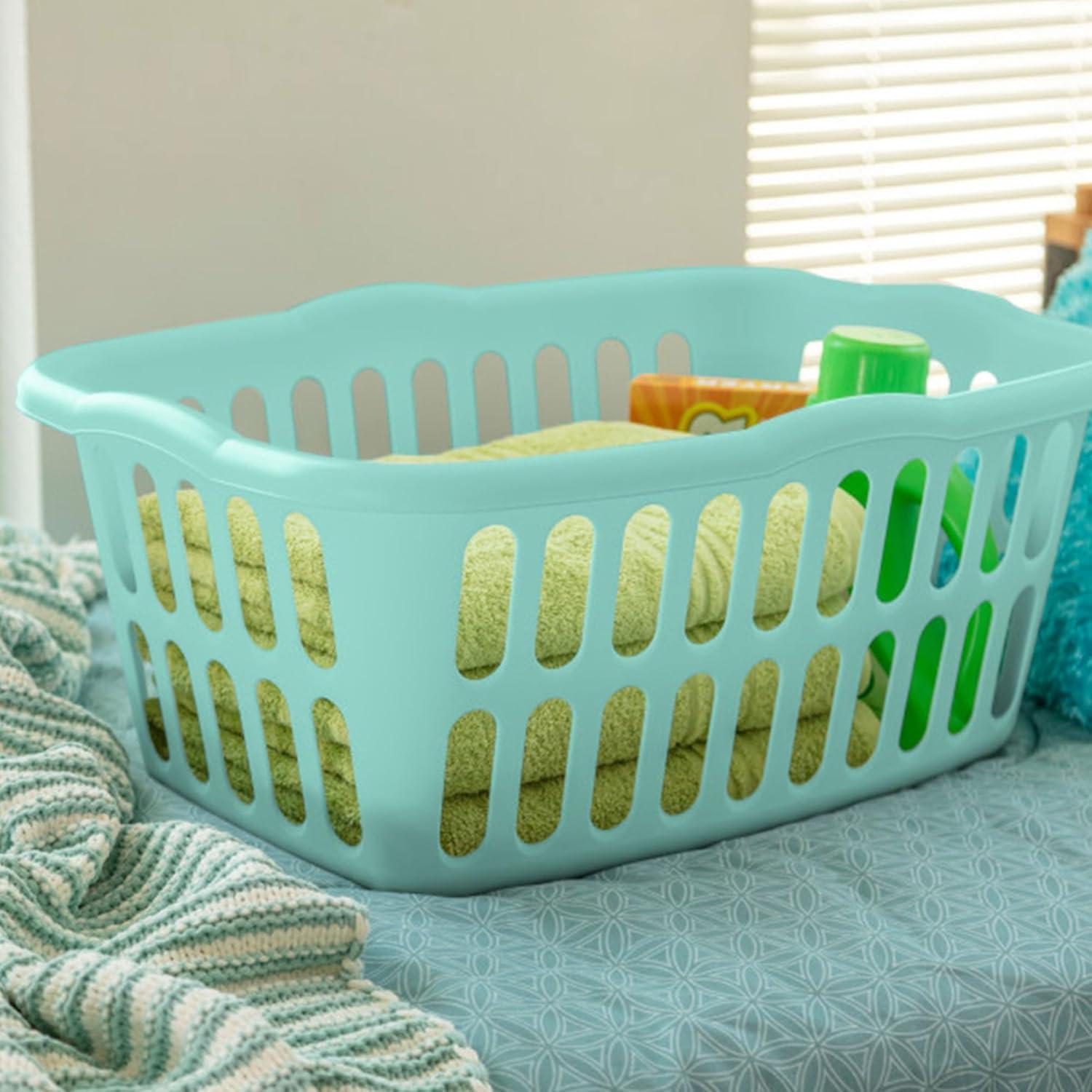 imageSterilite 12Pack Rectangular Laundry Basket Plastic Clothes Hamper 15 Bushel White Dirty Clothing Storage Organizer with Handles for Bedroom Bathroom and ClosetWhite Aqua