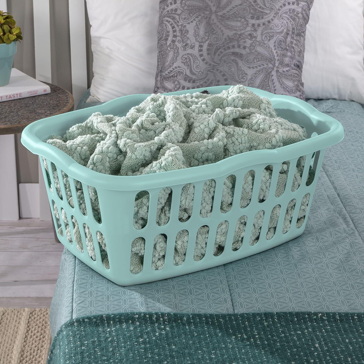 imageSterilite 12Pack Rectangular Laundry Basket Plastic Clothes Hamper 15 Bushel White Dirty Clothing Storage Organizer with Handles for Bedroom Bathroom and ClosetWhite Aqua