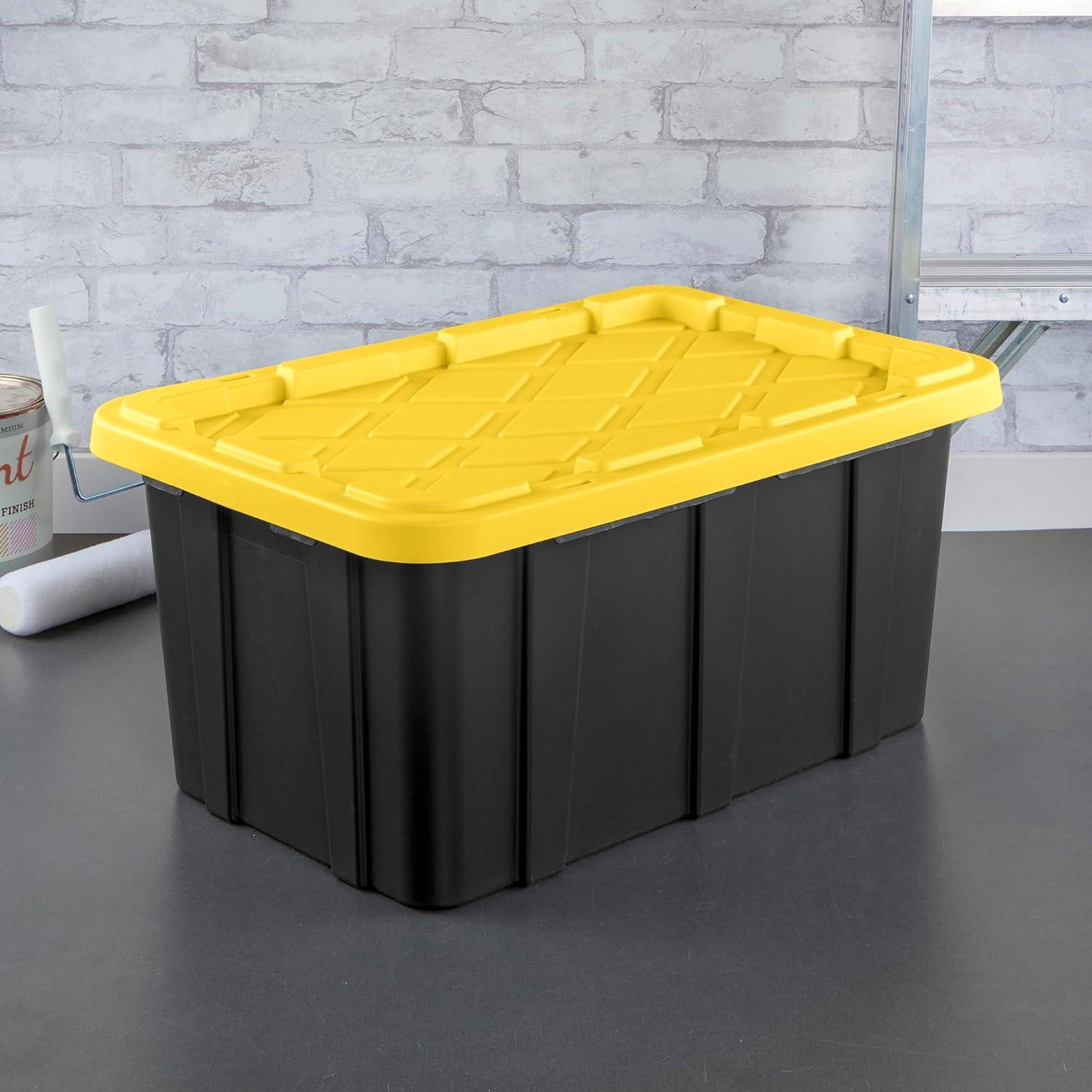 imageSterilite 17 Gal Industrial Tote Stackable Storage Bin with SnapFit Lid for Garage Basement amp Attic Storage Black Base and Yellow Lily Lid 6Pack17 Gallon