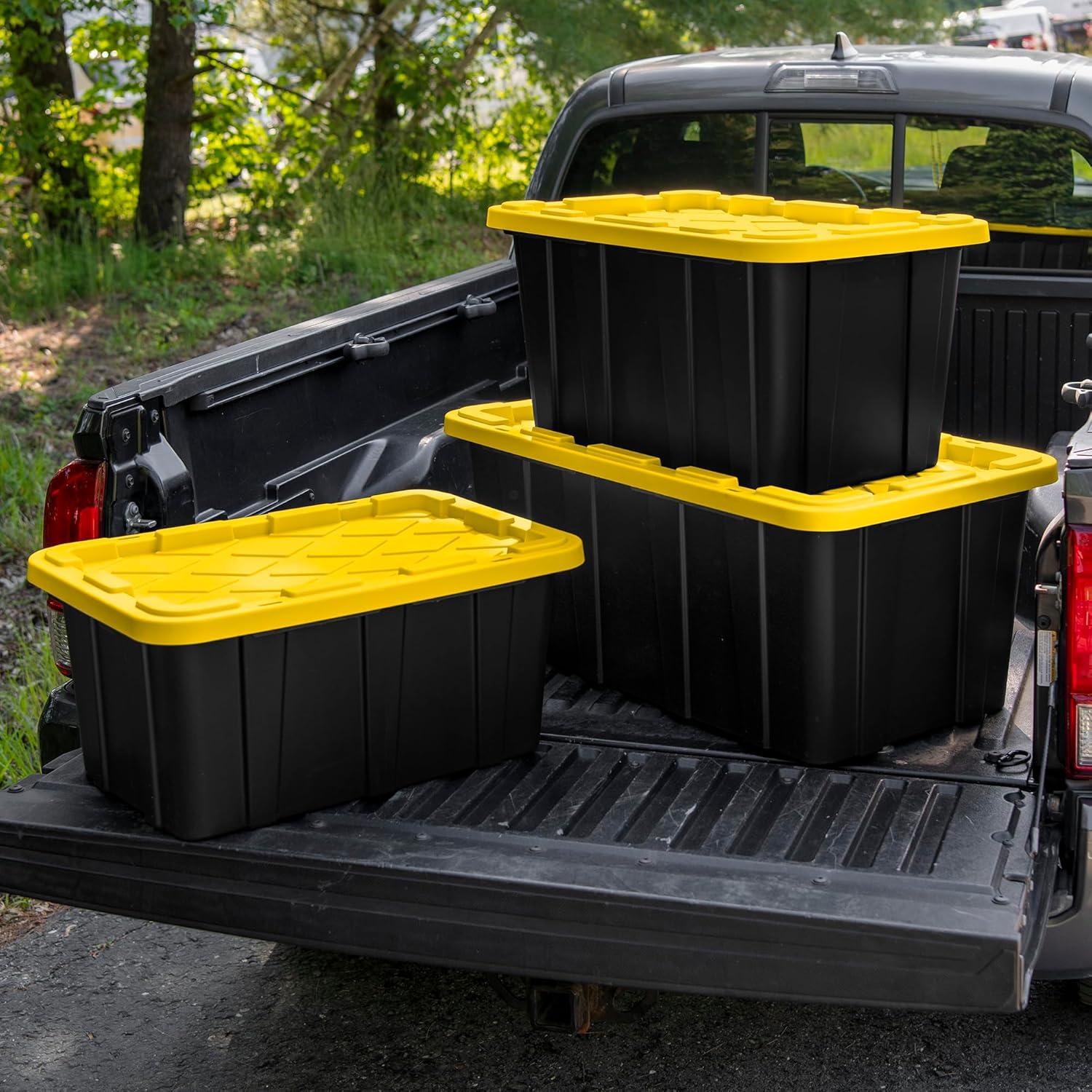 imageSterilite 17 Gal Industrial Tote Stackable Storage Bin with SnapFit Lid for Garage Basement amp Attic Storage Black Base and Yellow Lily Lid 6Pack17 Gallon