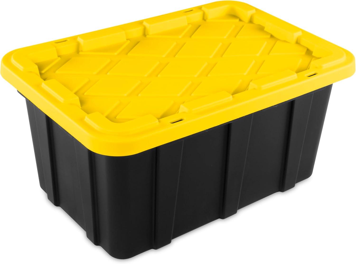 imageSterilite 17 Gal Industrial Tote Stackable Storage Bin with SnapFit Lid for Garage Basement amp Attic Storage Black Base and Yellow Lily Lid 6Pack17 Gallon