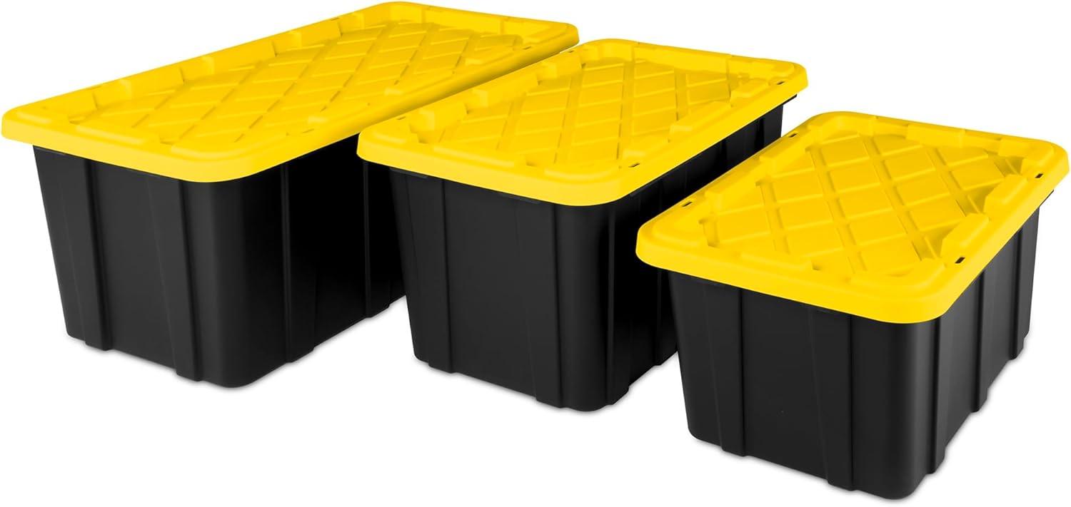 imageSterilite 17 Gal Industrial Tote Stackable Storage Bin with SnapFit Lid for Garage Basement amp Attic Storage Black Base and Yellow Lily Lid 6Pack17 Gallon
