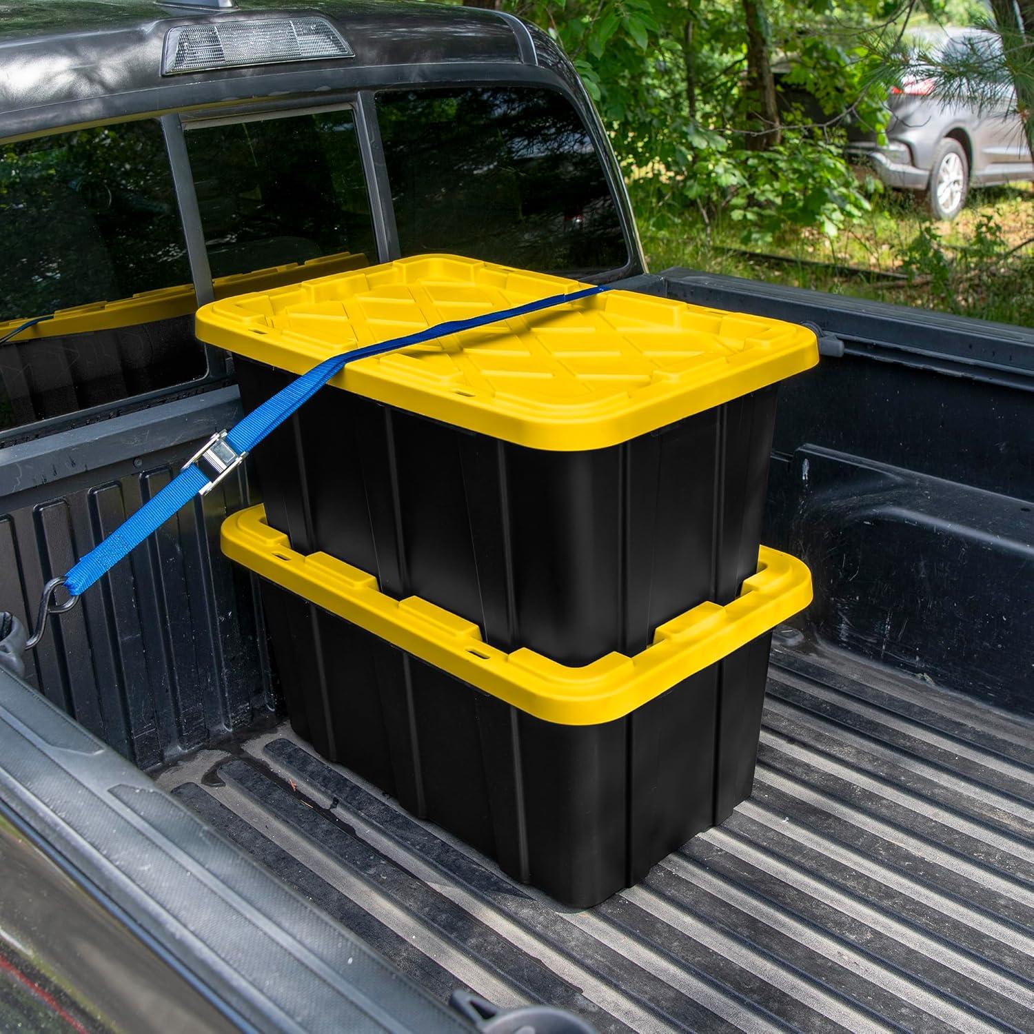 imageSterilite 17 Gal Industrial Tote Stackable Storage Bin with SnapFit Lid for Garage Basement amp Attic Storage Black Base and Yellow Lily Lid 6Pack17 Gallon