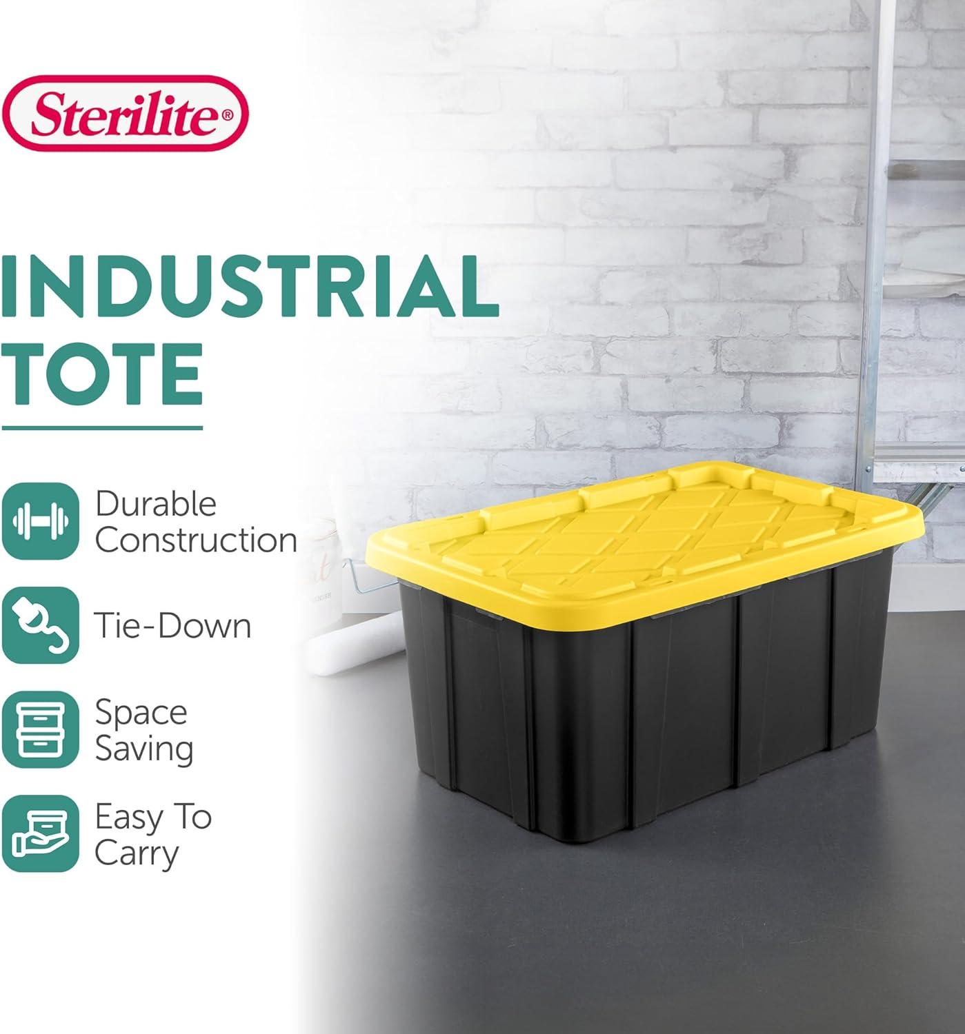 imageSterilite 17 Gal Industrial Tote Stackable Storage Bin with SnapFit Lid for Garage Basement amp Attic Storage Black Base and Yellow Lily Lid 6Pack17 Gallon
