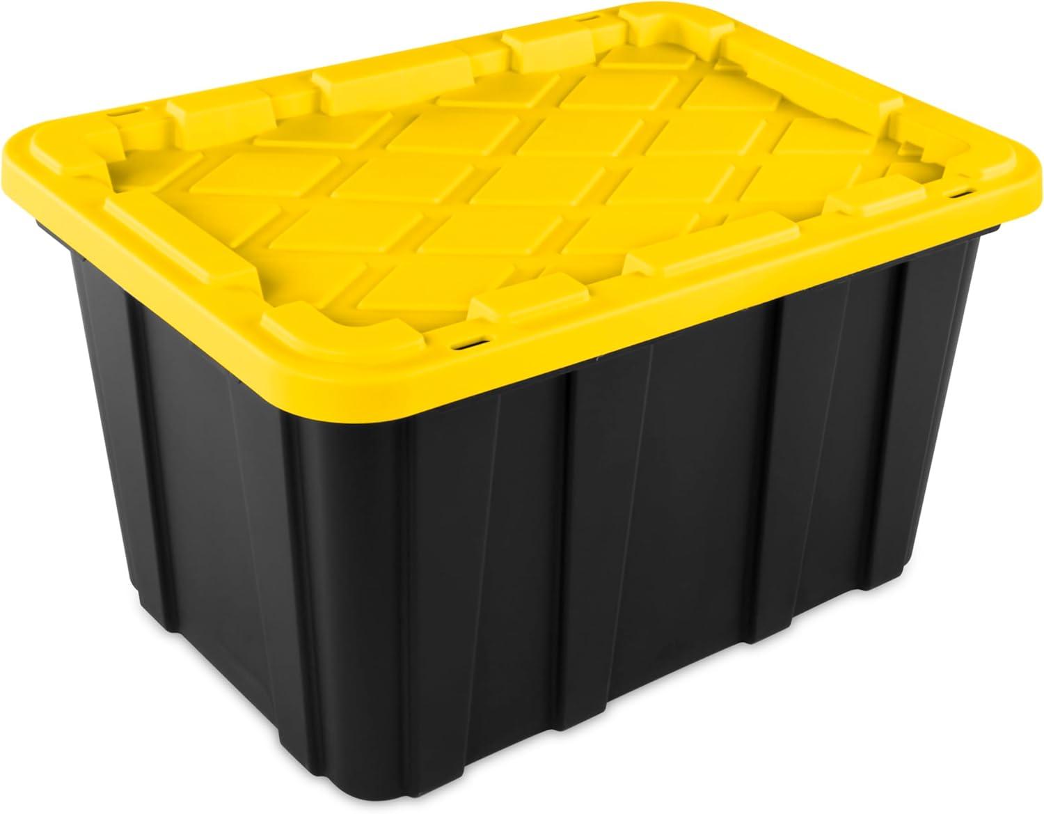 imageSterilite 17 Gal Industrial Tote Stackable Storage Bin with SnapFit Lid for Garage Basement amp Attic Storage Black Base and Yellow Lily Lid 6Pack27 Gallon