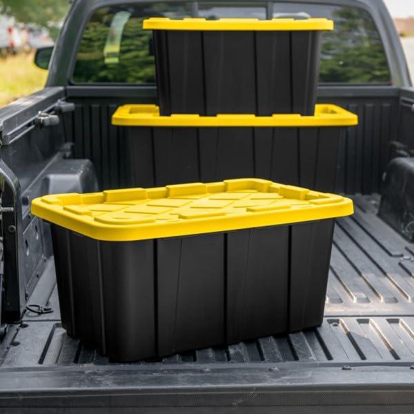 imageSterilite 17 Gal Industrial Tote Stackable Storage Bin with SnapFit Lid for Garage Basement amp Attic Storage Black Base and Yellow Lily Lid 6Pack27 Gallon