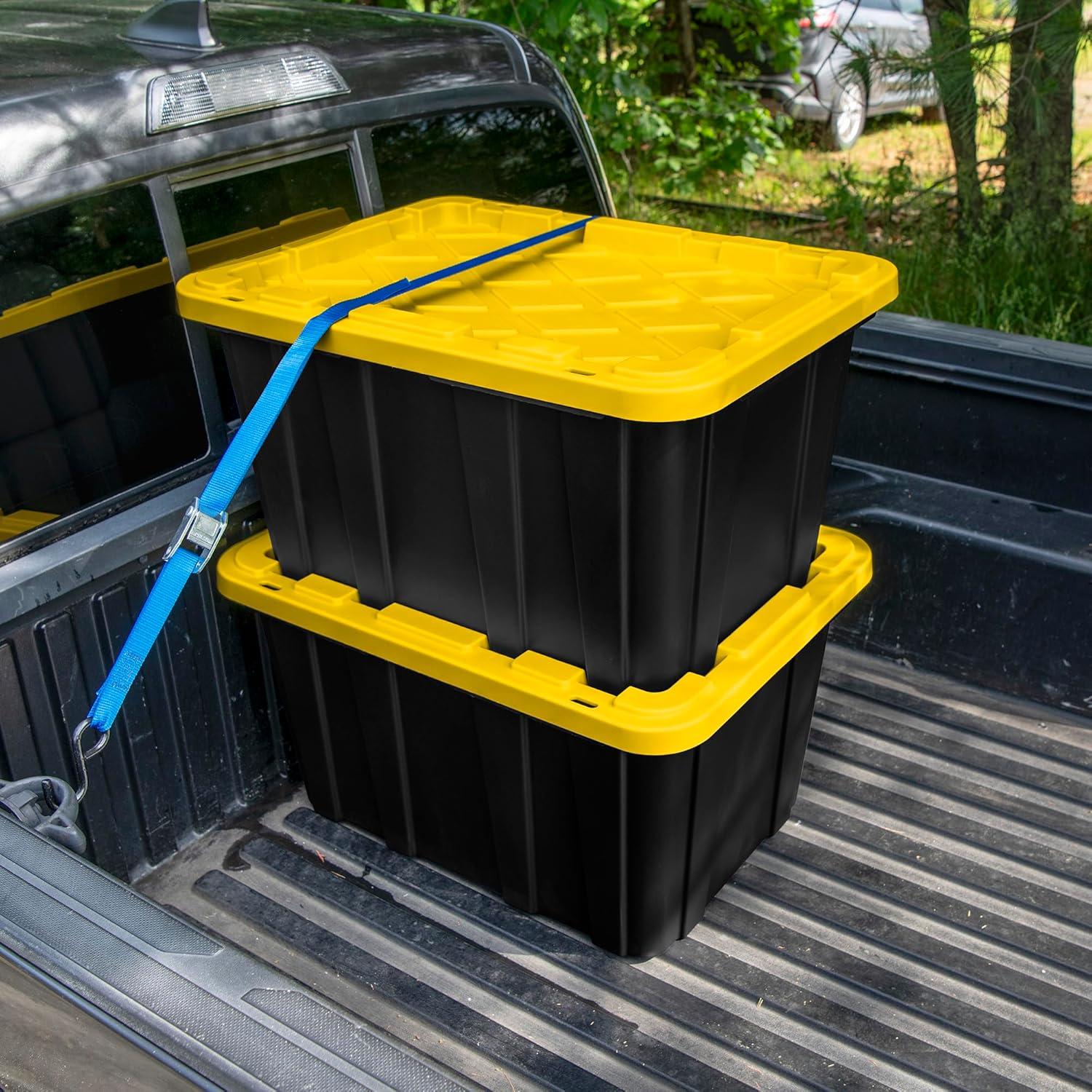 imageSterilite 17 Gal Industrial Tote Stackable Storage Bin with SnapFit Lid for Garage Basement amp Attic Storage Black Base and Yellow Lily Lid 6Pack27 Gallon