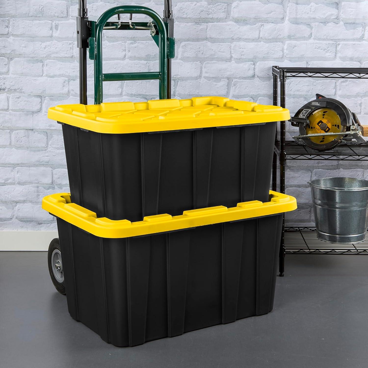 imageSterilite 17 Gal Industrial Tote Stackable Storage Bin with SnapFit Lid for Garage Basement amp Attic Storage Black Base and Yellow Lily Lid 6Pack27 Gallon