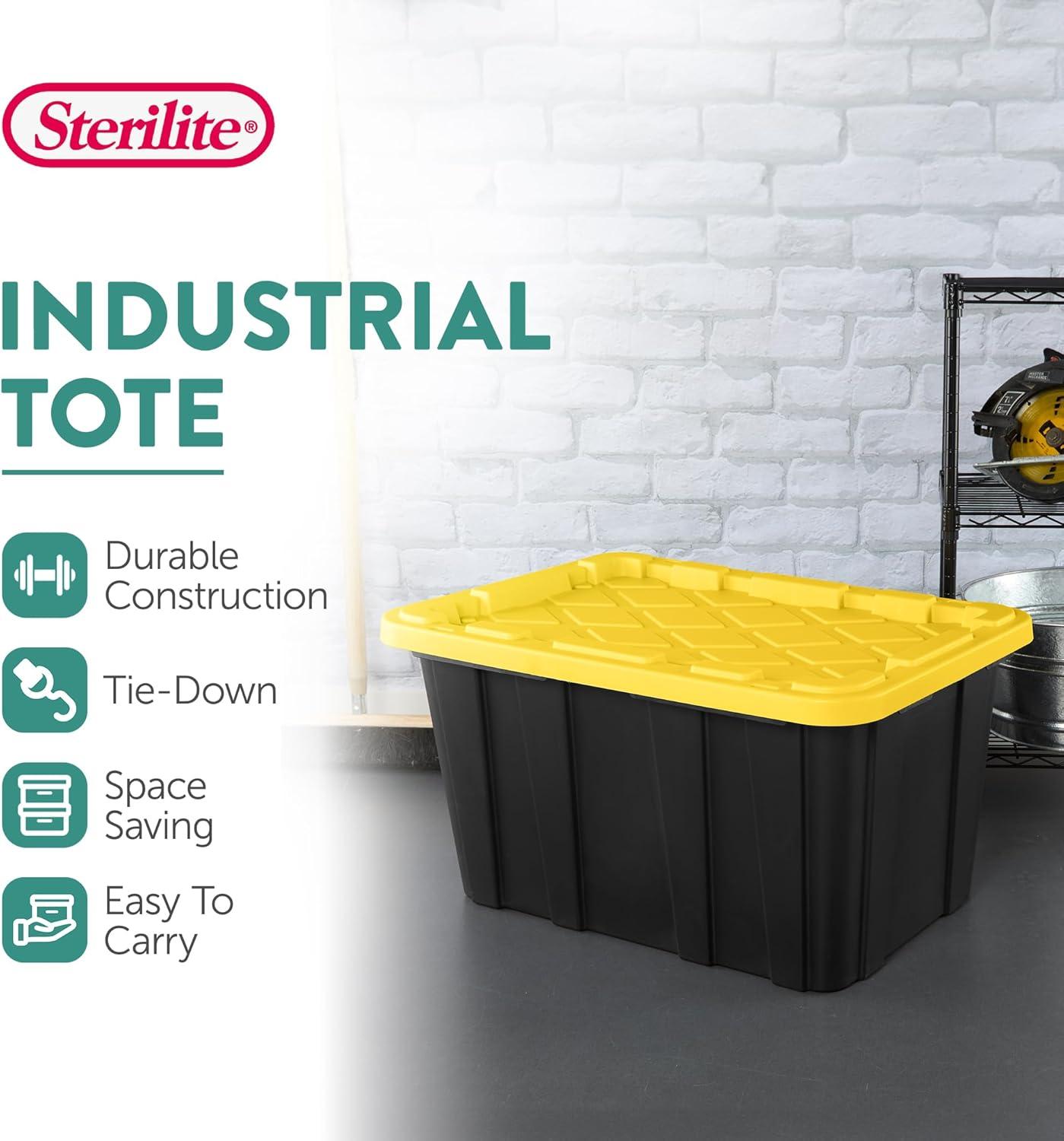 imageSterilite 17 Gal Industrial Tote Stackable Storage Bin with SnapFit Lid for Garage Basement amp Attic Storage Black Base and Yellow Lily Lid 6Pack27 Gallon
