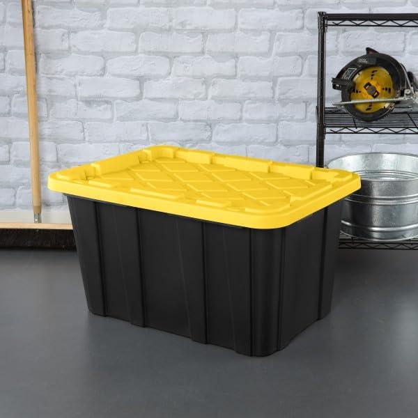 imageSterilite 17 Gal Industrial Tote Stackable Storage Bin with SnapFit Lid for Garage Basement amp Attic Storage Black Base and Yellow Lily Lid 6Pack27 Gallon