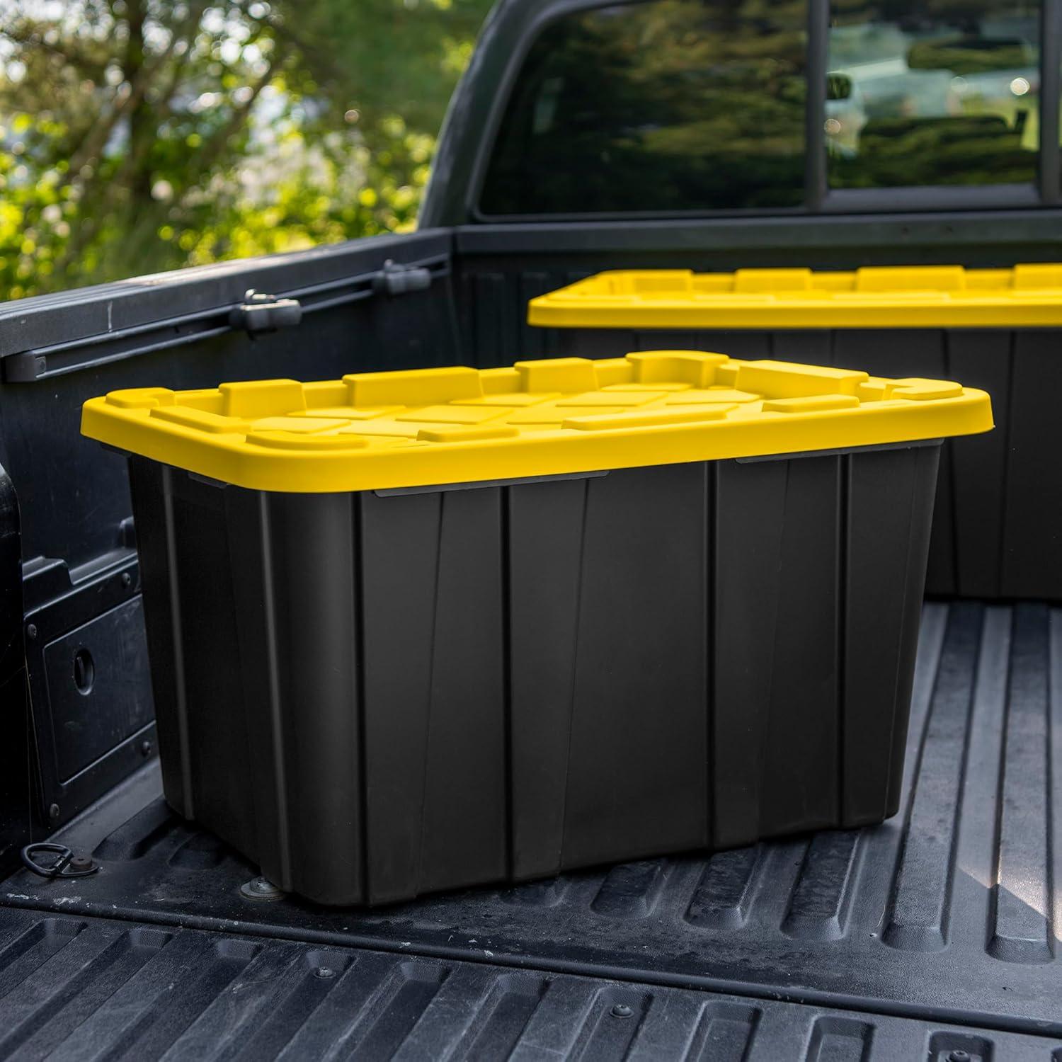 imageSterilite 17 Gal Industrial Tote Stackable Storage Bin with SnapFit Lid for Garage Basement amp Attic Storage Black Base and Yellow Lily Lid 6Pack27 Gallon