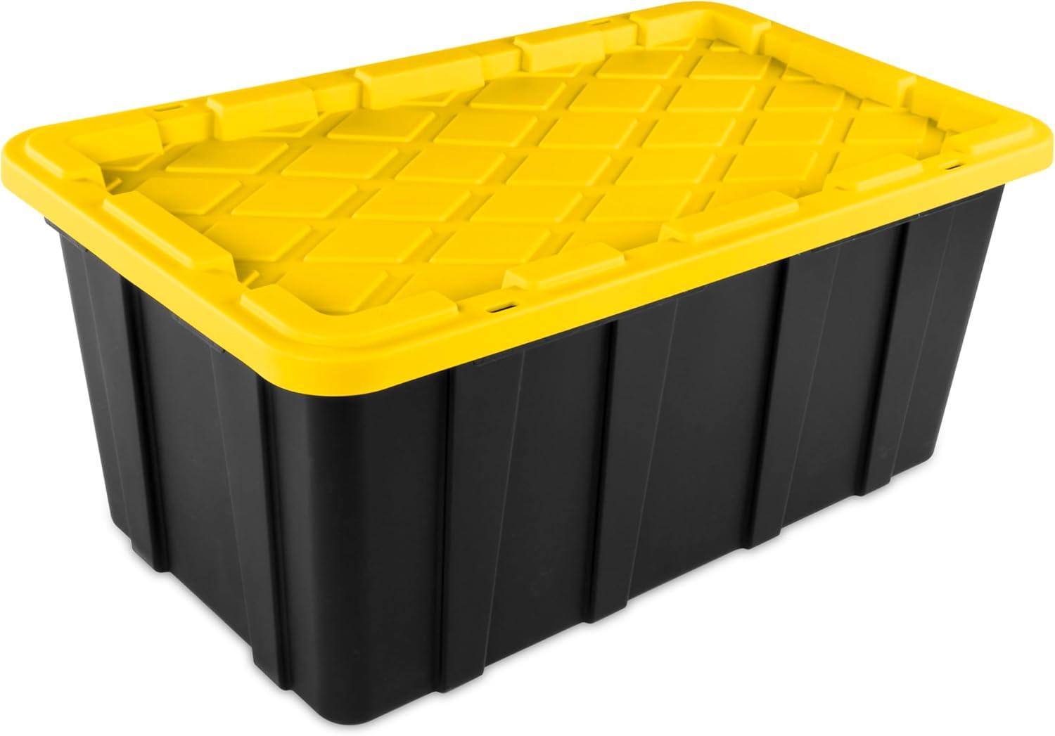 imageSterilite 17 Gal Industrial Tote Stackable Storage Bin with SnapFit Lid for Garage Basement amp Attic Storage Black Base and Yellow Lily Lid 6Pack38 Gallon