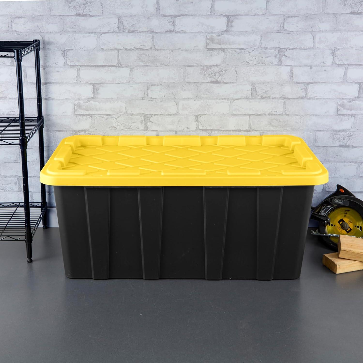 imageSterilite 17 Gal Industrial Tote Stackable Storage Bin with SnapFit Lid for Garage Basement amp Attic Storage Black Base and Yellow Lily Lid 6Pack38 Gallon