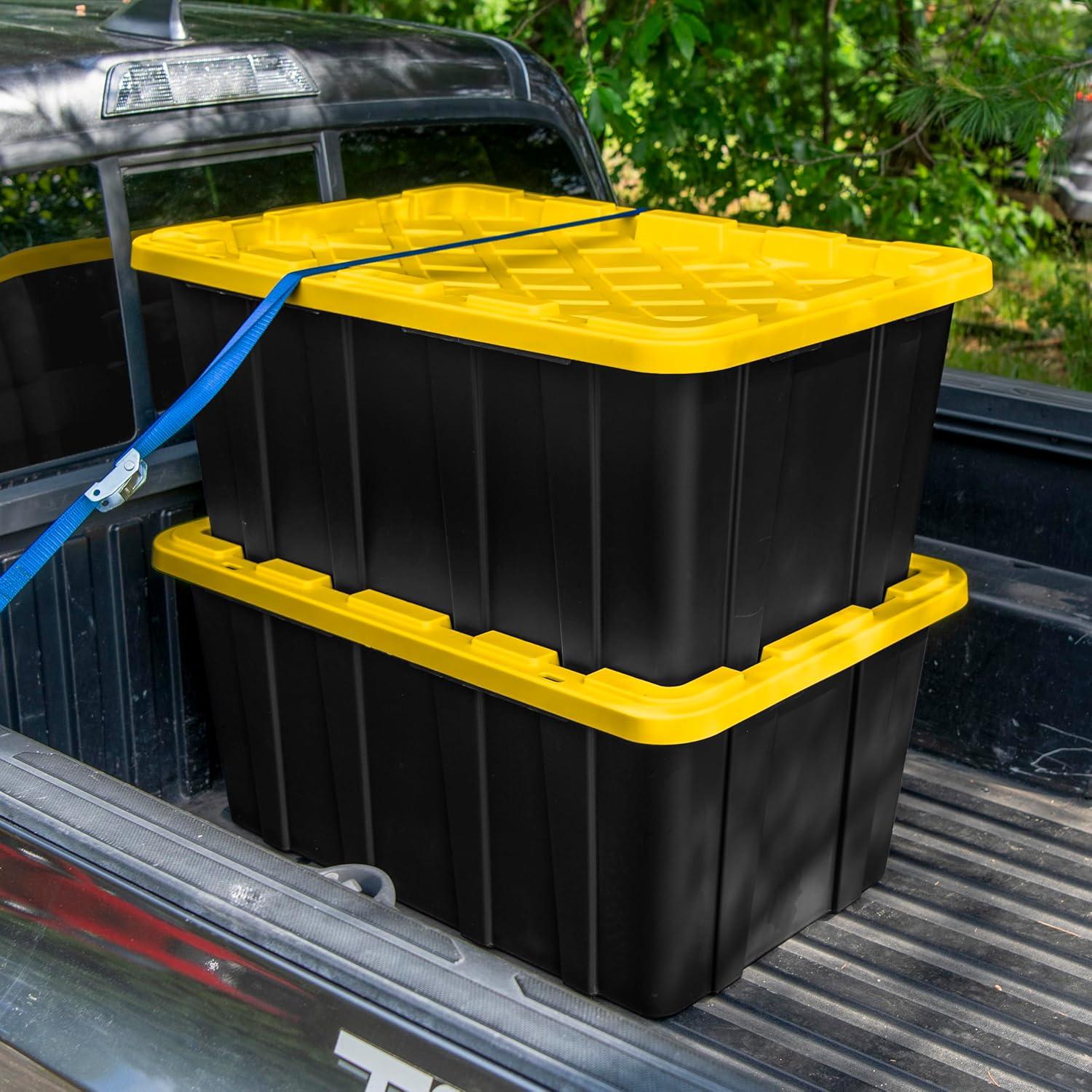imageSterilite 17 Gal Industrial Tote Stackable Storage Bin with SnapFit Lid for Garage Basement amp Attic Storage Black Base and Yellow Lily Lid 6Pack38 Gallon