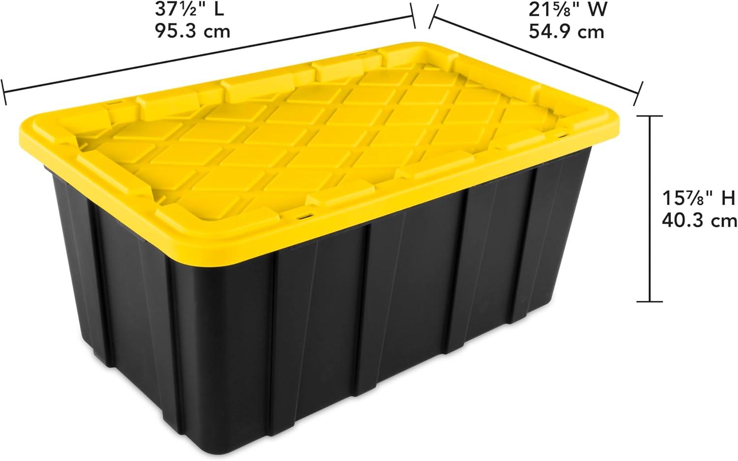 imageSterilite 17 Gal Industrial Tote Stackable Storage Bin with SnapFit Lid for Garage Basement amp Attic Storage Black Base and Yellow Lily Lid 6Pack38 Gallon