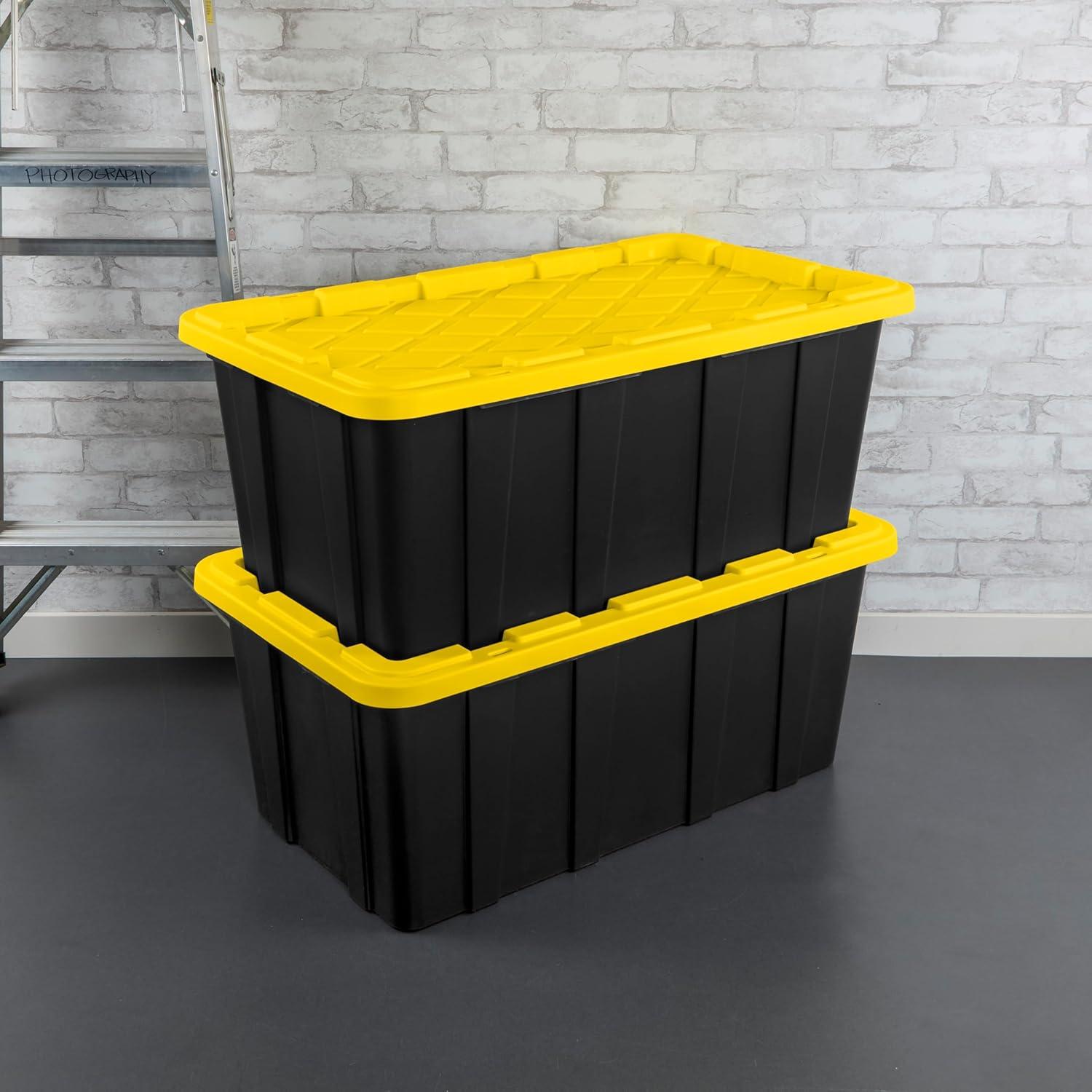 imageSterilite 17 Gal Industrial Tote Stackable Storage Bin with SnapFit Lid for Garage Basement amp Attic Storage Black Base and Yellow Lily Lid 6Pack38 Gallon