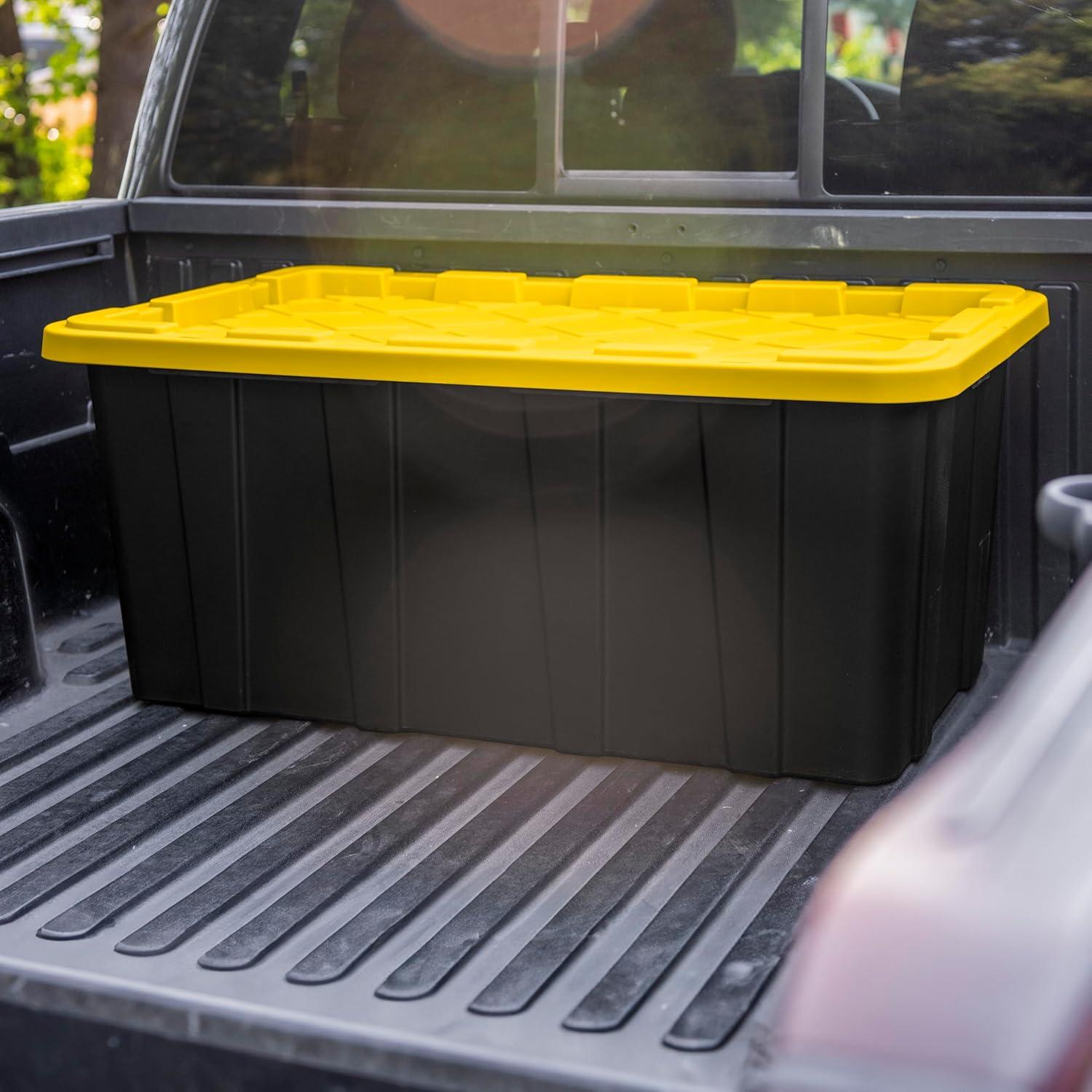 imageSterilite 17 Gal Industrial Tote Stackable Storage Bin with SnapFit Lid for Garage Basement amp Attic Storage Black Base and Yellow Lily Lid 6Pack38 Gallon