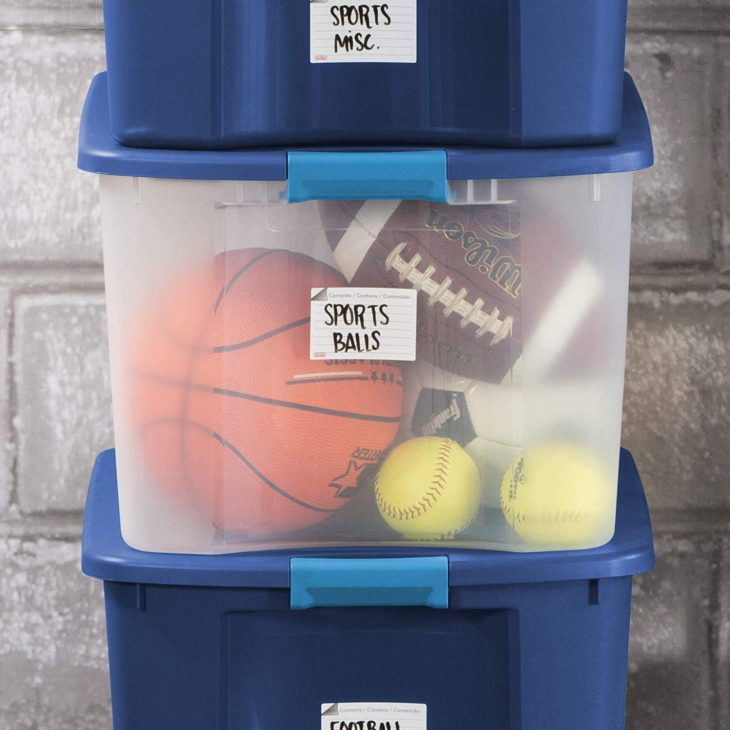 imageSterilite 18 Gal Latch and Carry Stackable Storage Bin with Latching Lid Plastic Container to Organize Closets Clear with Blue Lid 6Pack