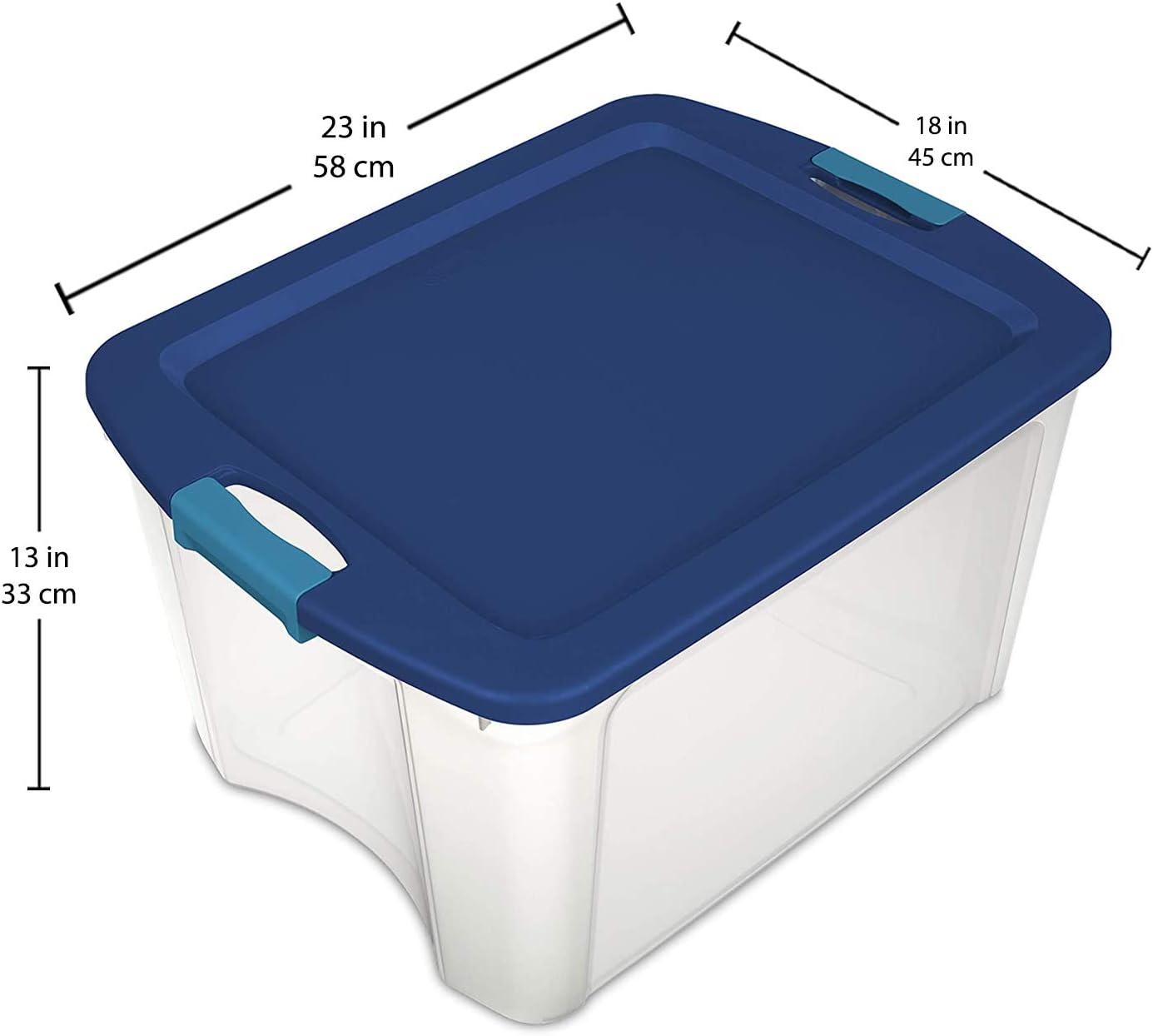 imageSterilite 18 Gal Latch and Carry Stackable Storage Bin with Latching Lid Plastic Container to Organize Closets Clear with Blue Lid 6Pack