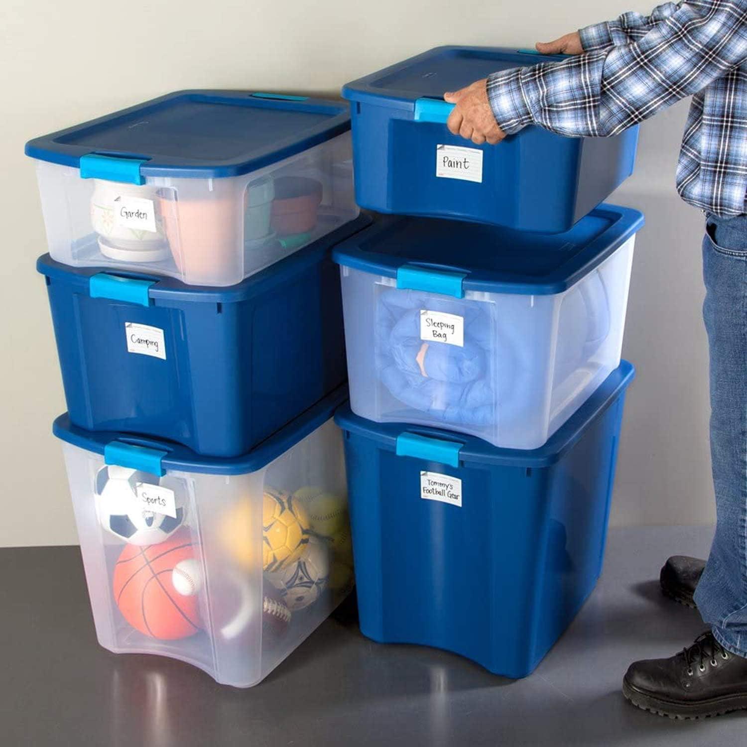 imageSterilite 18 Gal Latch and Carry Stackable Storage Bin with Latching Lid Plastic Container to Organize Closets Clear with Blue Lid 6Pack