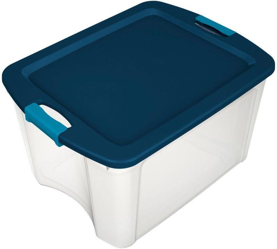 imageSterilite 18 Gal Latch and Carry Stackable Storage Bin with Latching Lid Plastic Container to Organize Closets Clear with Blue Lid 6Pack