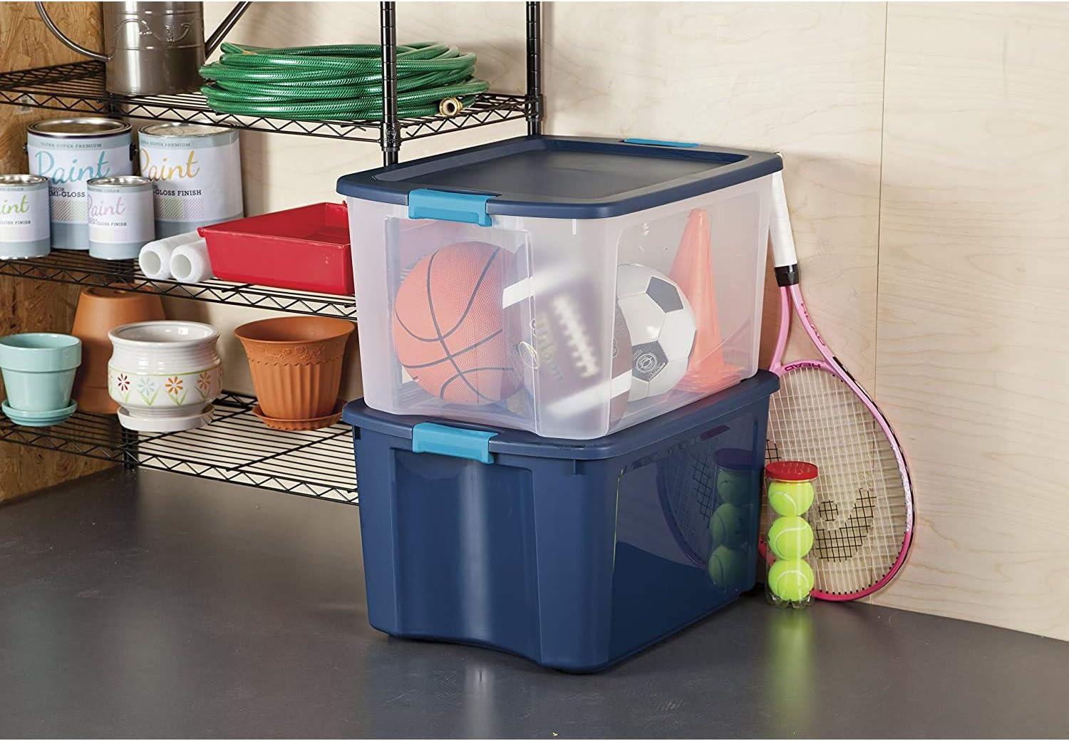 imageSterilite 18 Gal Latch and Carry Stackable Storage Bin with Latching Lid Plastic Container to Organize Closets Clear with Blue Lid 6Pack
