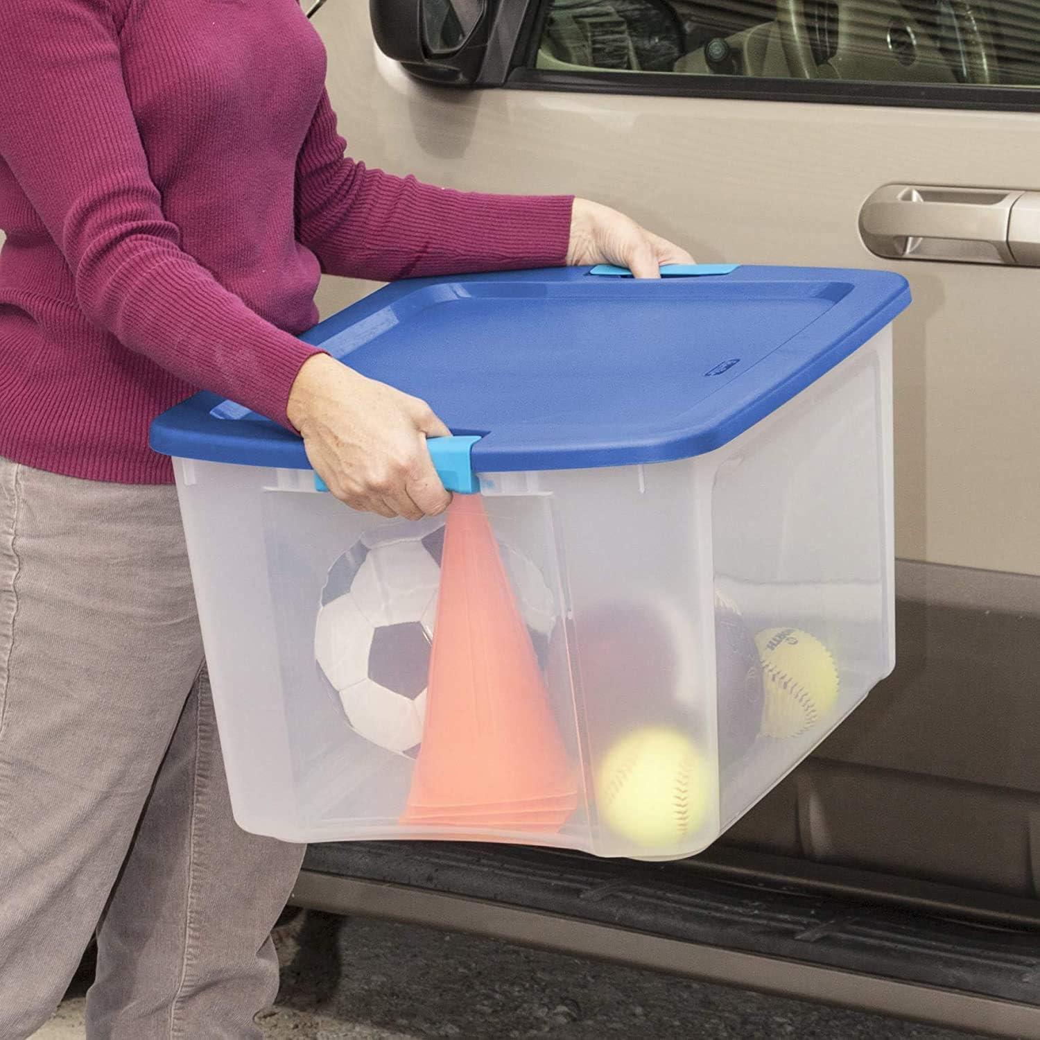 imageSterilite 18 Gal Latch and Carry Stackable Storage Bin with Latching Lid Plastic Container to Organize Closets Clear with Blue Lid 6Pack