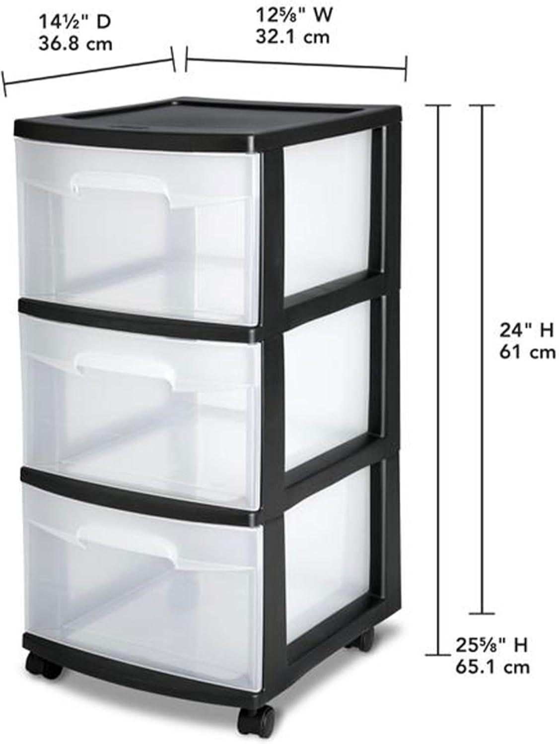 imageSterilite 2 Pack Plastic Storage Organizer 3 Drawer Rolling Bin Cart Closet Organization WhiteBlack