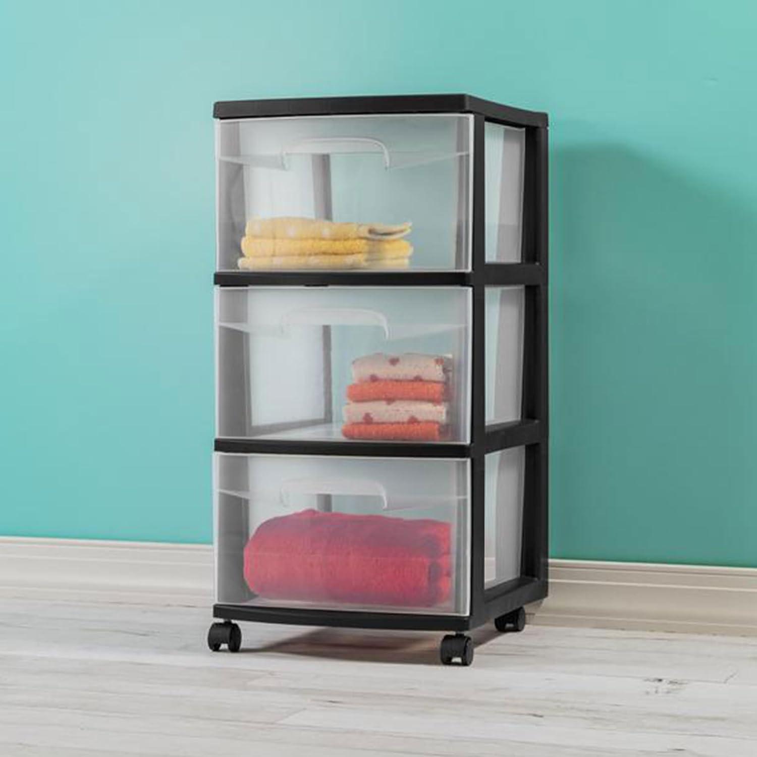 imageSterilite 2 Pack Plastic Storage Organizer 3 Drawer Rolling Bin Cart Closet Organization WhiteBlack