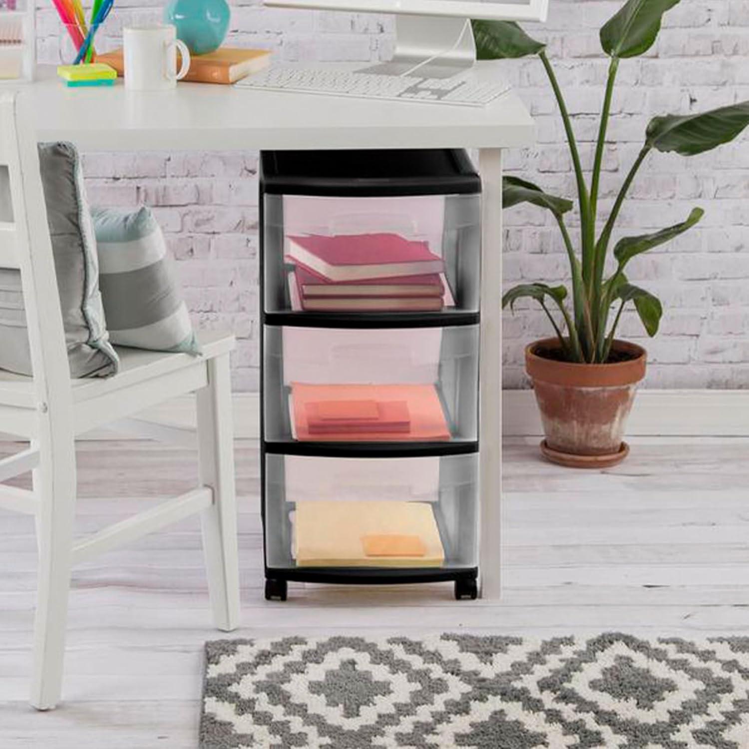 imageSterilite 2 Pack Plastic Storage Organizer 3 Drawer Rolling Bin Cart Closet Organization WhiteBlack