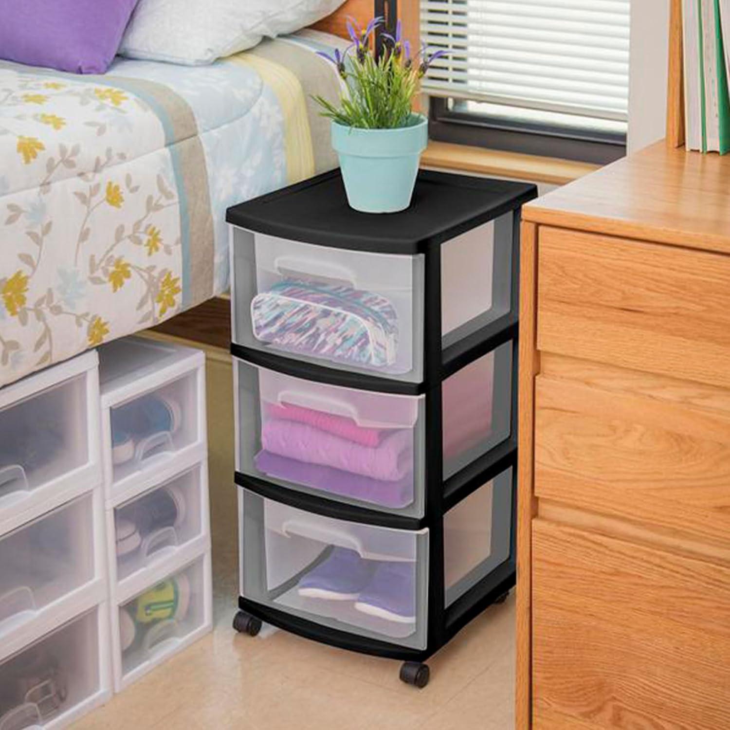 imageSterilite 2 Pack Plastic Storage Organizer 3 Drawer Rolling Bin Cart Closet Organization WhiteBlack