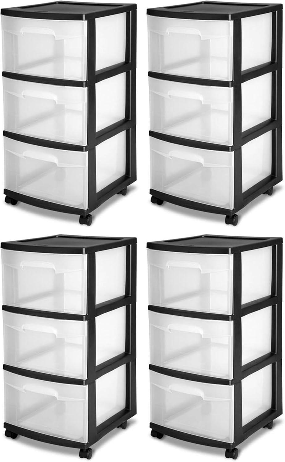 imageSterilite 2 Pack Plastic Storage Organizer 3 Drawer Rolling Bin Cart Closet Organization WhiteBlack
