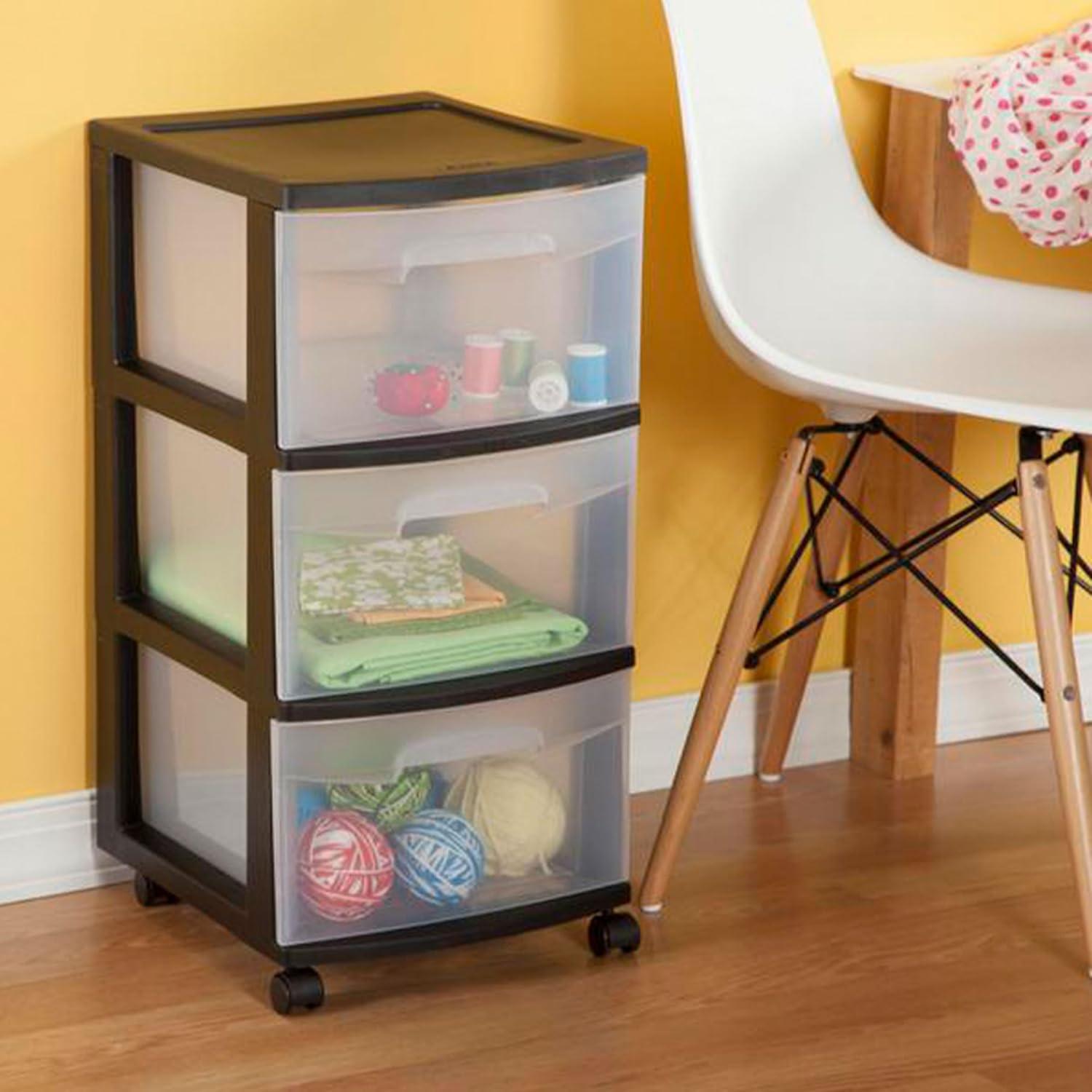 imageSterilite 2 Pack Plastic Storage Organizer 3 Drawer Rolling Bin Cart Closet Organization WhiteBlack