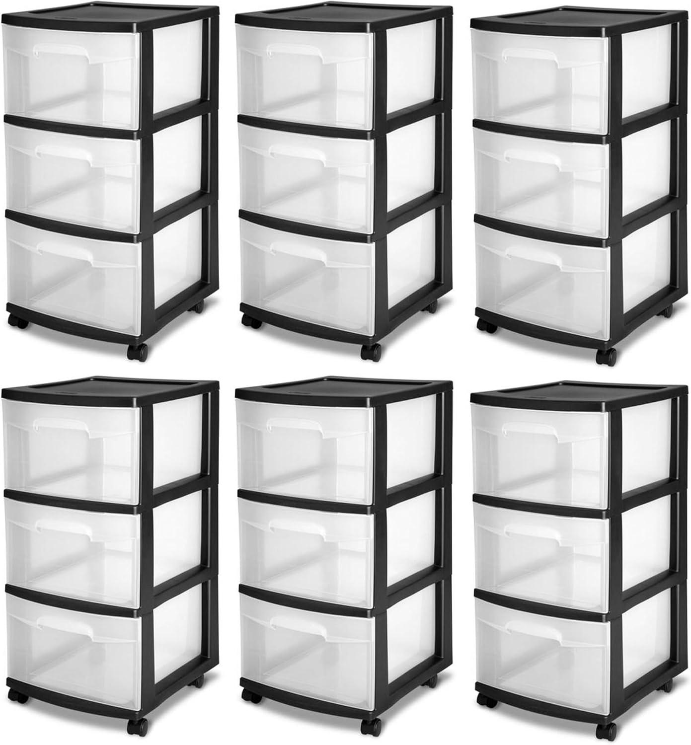 imageSterilite 2 Pack Plastic Storage Organizer 3 Drawer Rolling Bin Cart Closet Organization WhiteBlack